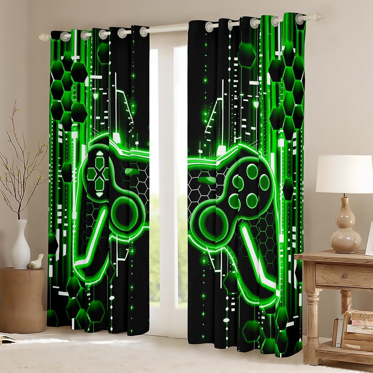 Feelyou Kids Green Black Gamer Blackout Curtains Gaming Window Curtains Game Room Decor Darkening Drapes Boys Girls Gamepad Teens Window Treatments Bedroom Decor (2 Panels, 42 x 90 Inch) image 2