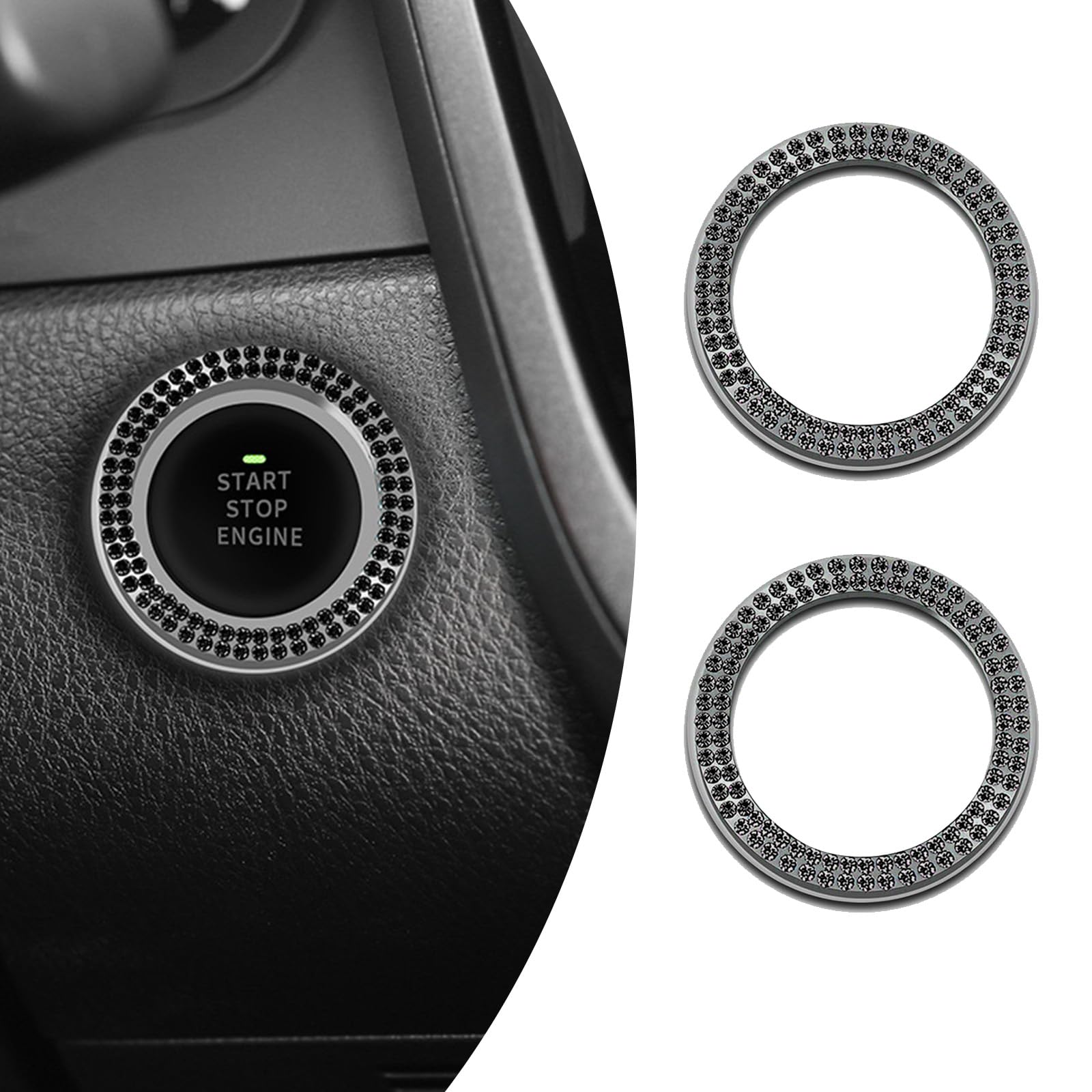 CrynodCrynod 2 PCS Bling Car Engine Start Button Decorative Ring, 1.18" ID One-Button Start Stop Double Drain Drill Cover, Key Ignition Knob Surrounding Trim Sticker, Universal Accessories for Cars (Black)