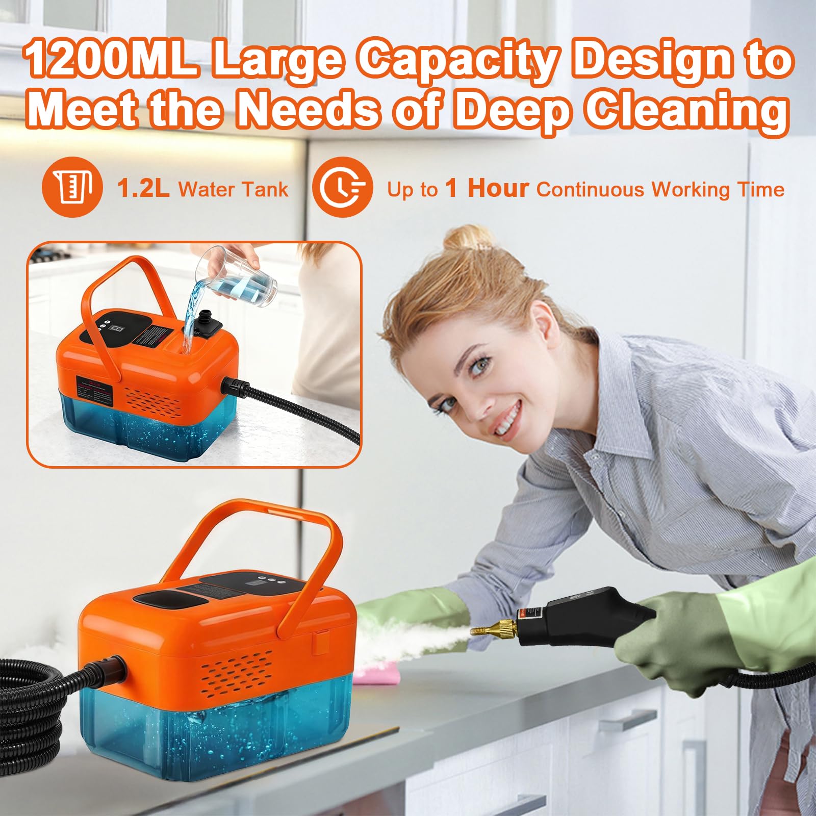 Limpiador de Vapor con Accesorios, 9 Velocidades 2500W Vaporeta Limpieza de Mano, Portátil Multiusos Vaporeta Limpieza Hogar Potente para Muebles de Cocina, Baño, Automóvil, Piso, Sofá (naranja)