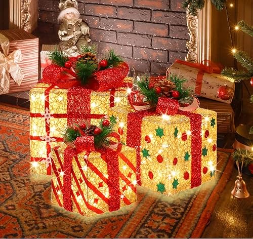 Miniatura 2 de LAMPHOME Cajas iluminadas de Navidad, juego de 3 70 luces LED para decoración al aire libre, cajas de Navidad iluminadas, decoración de regalo para