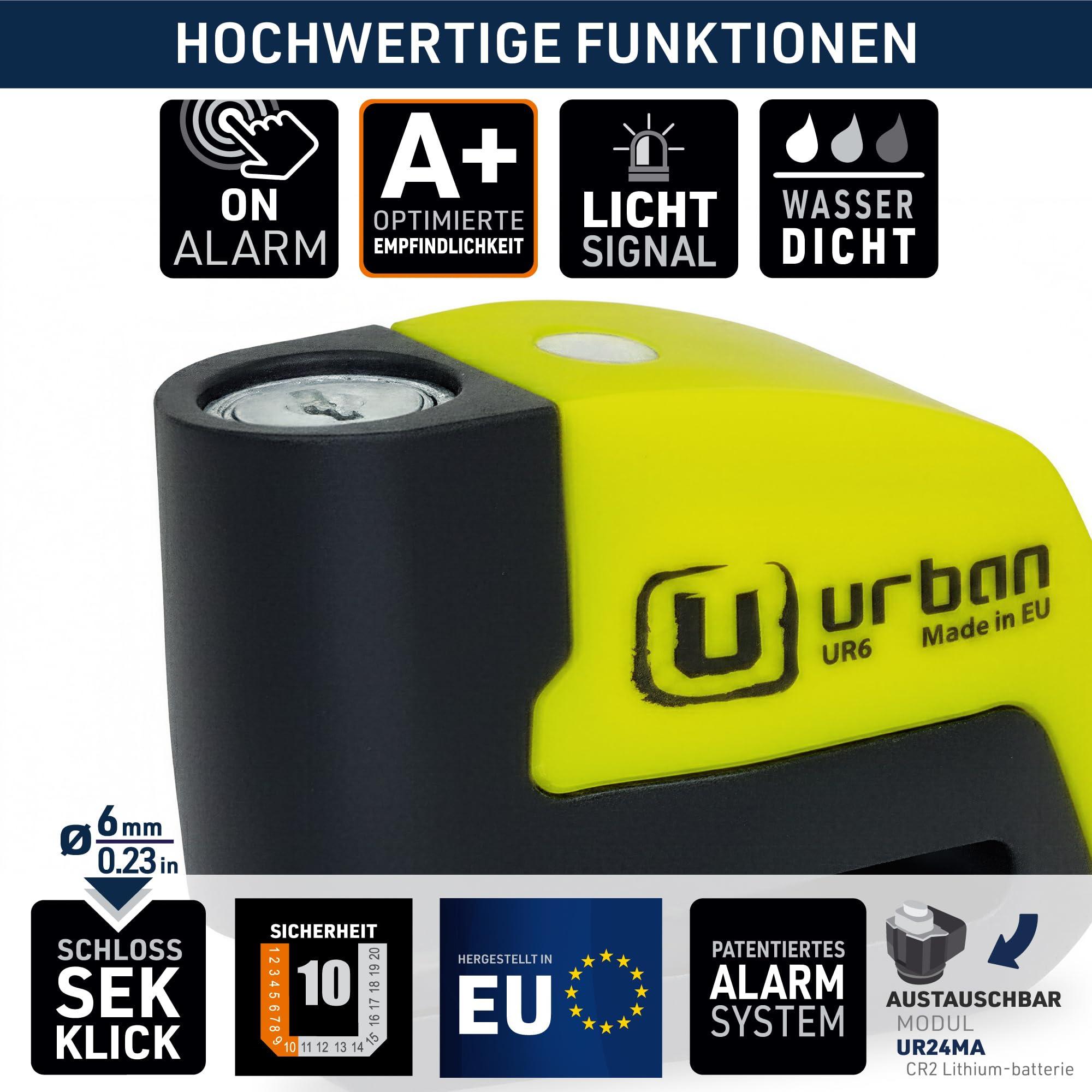 URBAN UR6 Bremsscheibenschloss mit Intelligentem Alarm | Effektiver | Hi-Tech, 120dB, LED, Warnfunktion A+ Empfindlichkeit, Langlebige CR2 Batterie, Wasserdicht, Motorrad Schloss Fahrradschloss, 6mm
