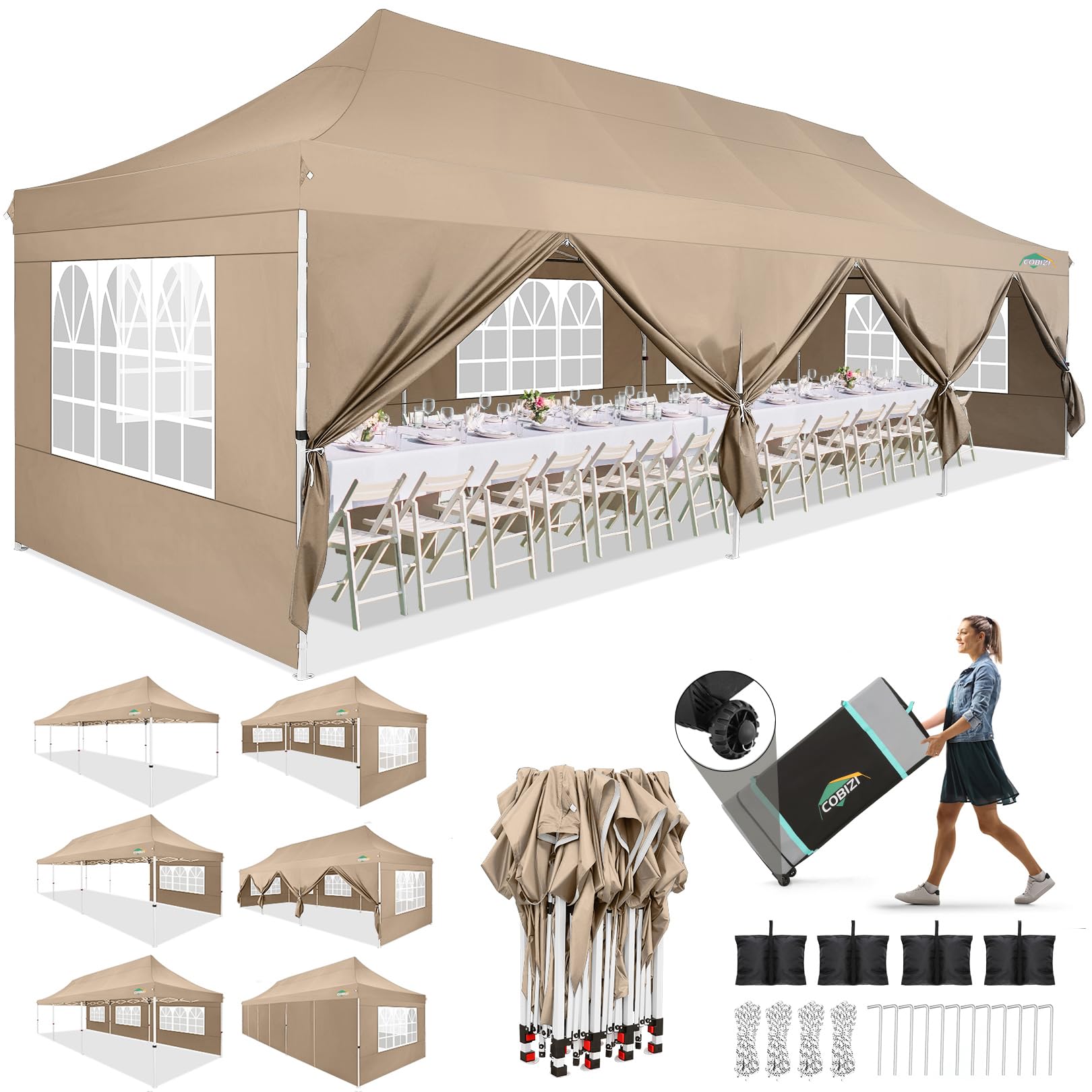 COBIZI 10x30 Pop up Canopy with 8 Removable Sidewalls & 4 Sandbags, Party Tent for Parties, Wedding, and Commercials, Waterproof and Instant Shelter UV50+ Ez Outdoor Canopy Tent with Roller Bag