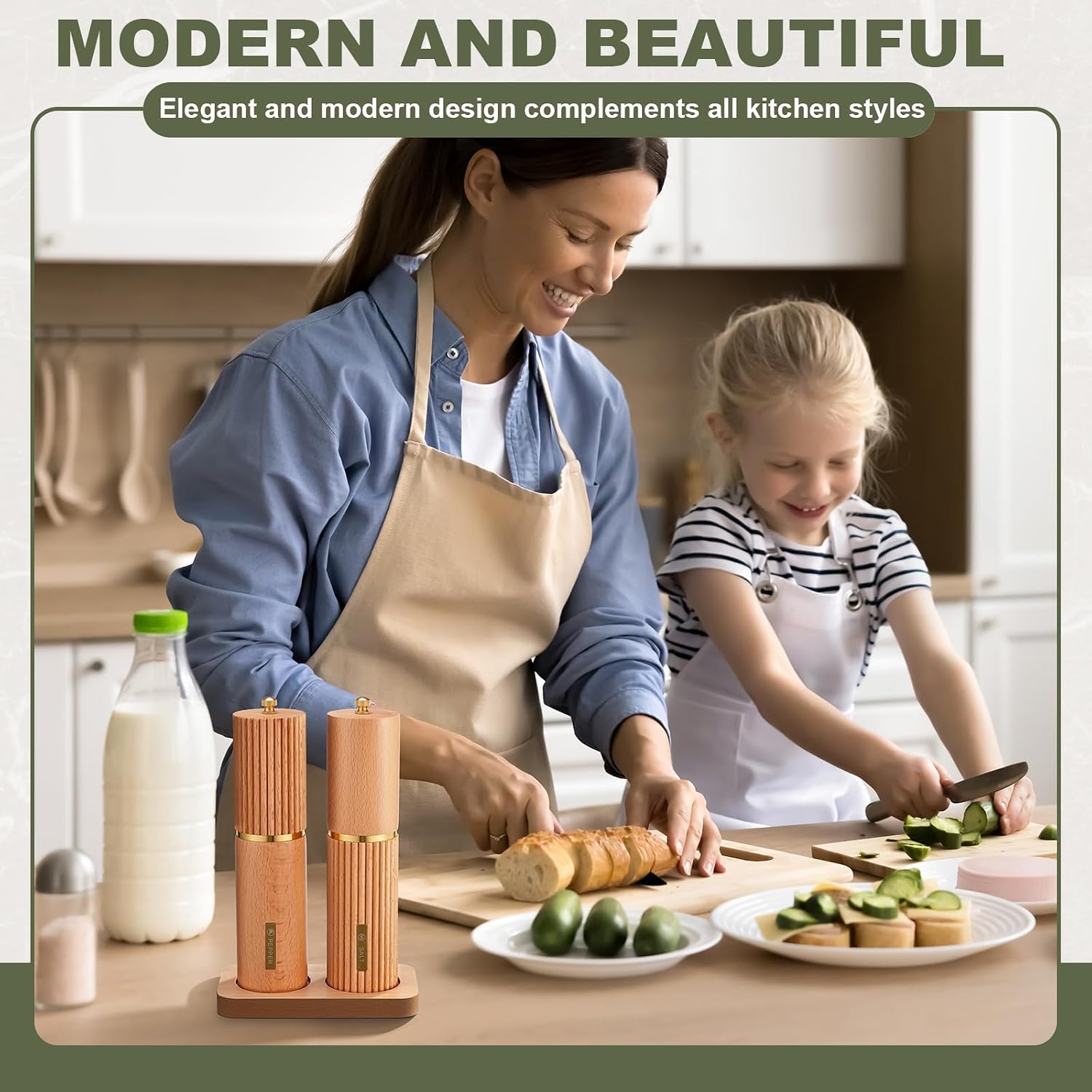 Wooden Salt and Pepper Grinder Set 8 Inch Manual Salt and Pepper Mill with Tray Adjustable Coarseness and Refillable Wood Grinders with Gold Bottle Label for Kitchen Gift (Wood Color)