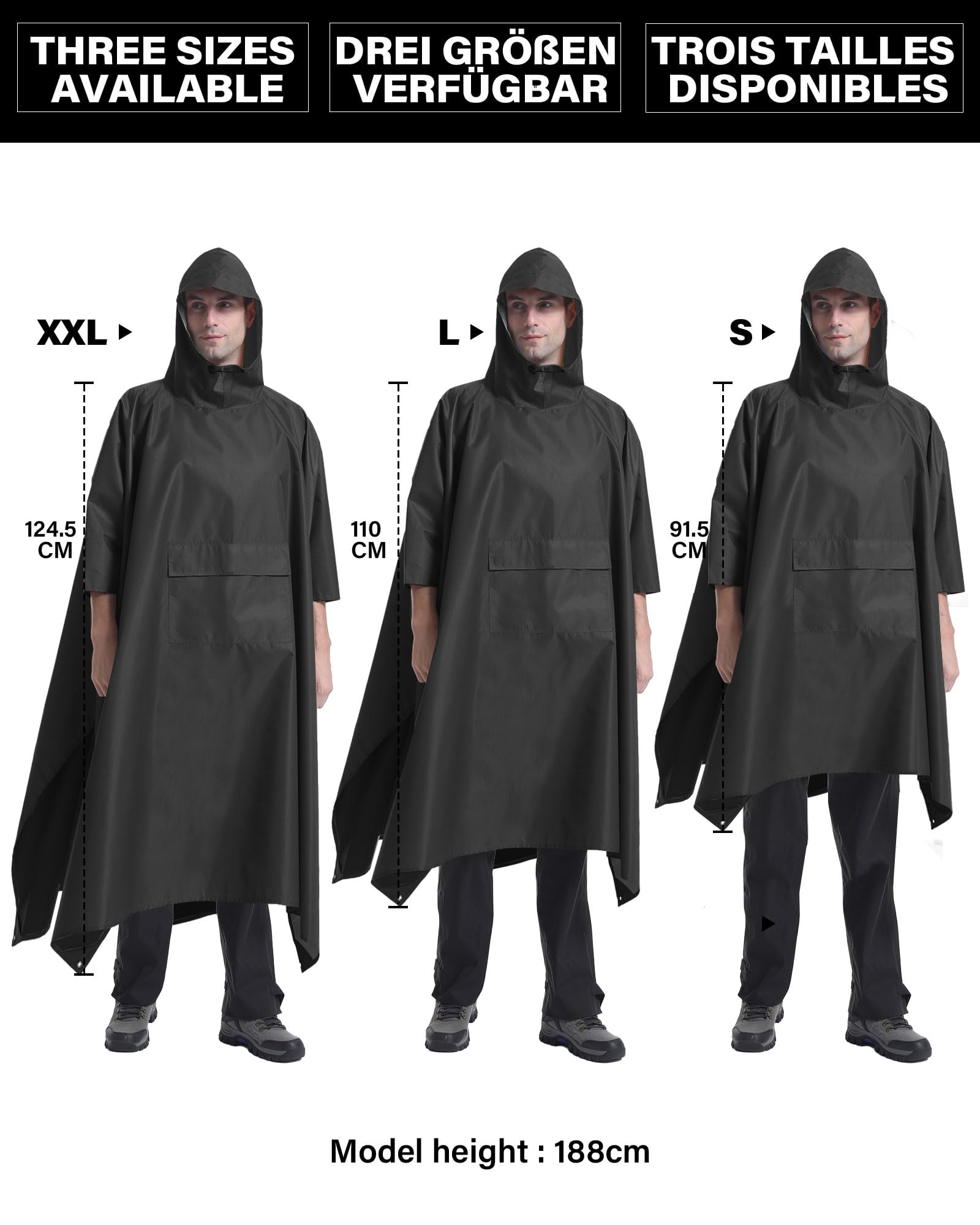 Coutyuyi Wasserdicht Regenponcho Unisex, Wiederverwendbar Regenjacken 3 in 1 Multifunktionaler Regencape mit Tasche Regenmantel Regenschutz für Wanderungen,Camping