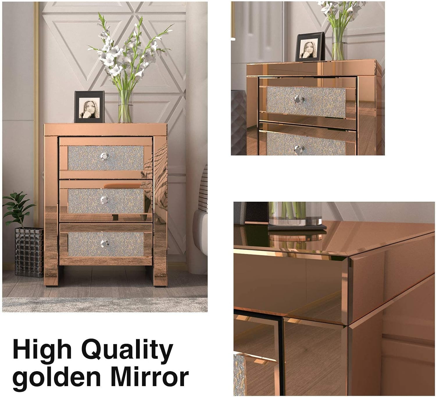 Buy Mirrored Nightstand with 3 Drawers, Rose Gold Finished Bedside End