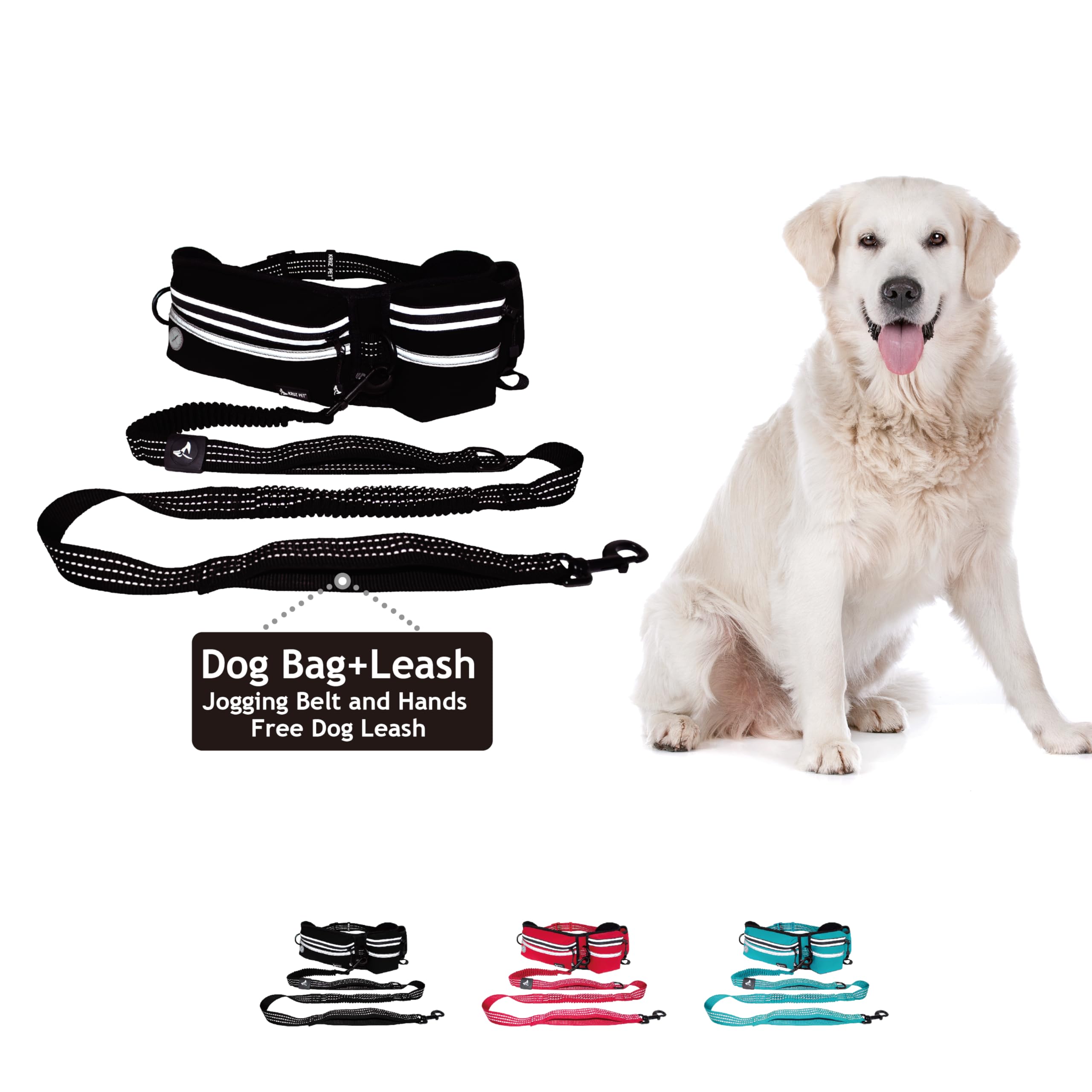 Kruz Hands Free Dog Leash (Waist 26”- 48”, Leash- 1”x 5ft) Premium Waist Belt for Walking, Running, & Hiking, Bungee with Dual Handles, Adjustable Fit, Reflective Safety Design for Large Dogs (Black)