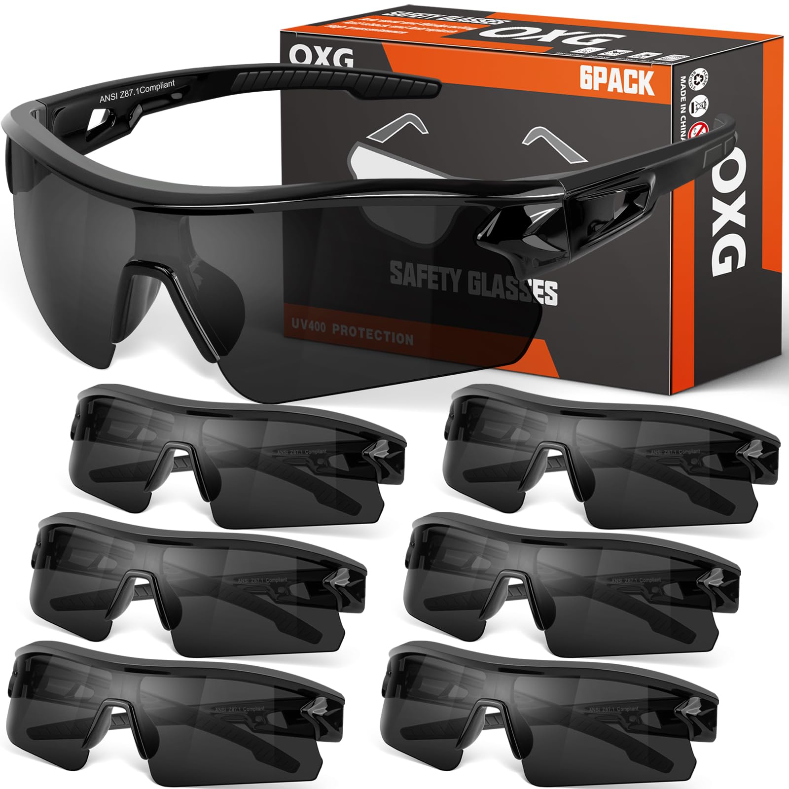 OXG Schutzbrillen für Damen und Herren, ANSI Z87.1, kratzfeste Arbeitsbrille mit UV400-Schutz, 6 Stück
