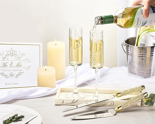 Miniatura 3 de ROXBURGH Juego de cuchillos y servidores para tartas de boda, copas de champán, vasos dorados para brindis de novia y novio, tenedores de señor y