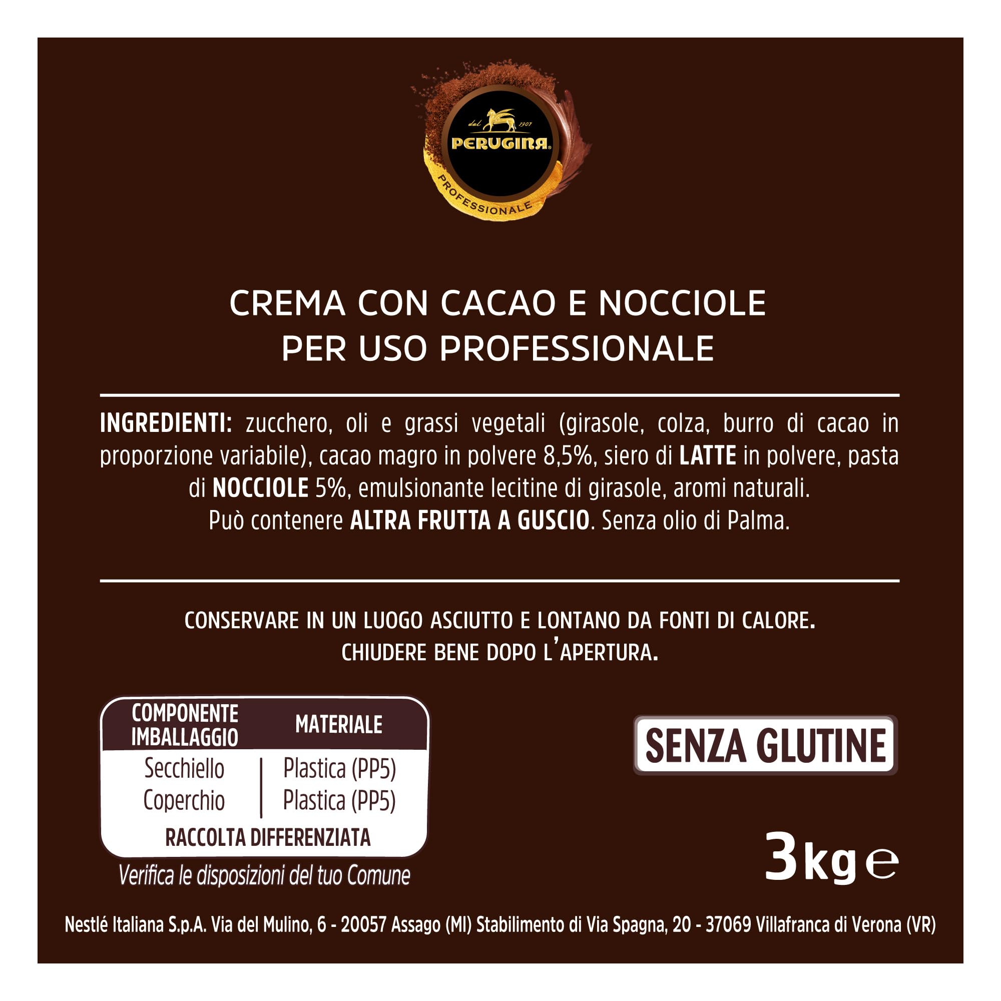 PERUGINA PROFESSIONALE Crema Intensa Nocciole Secchiello 3kg | Crema spalmabile al gianduia, ideale per come ingrediente per la realizzazione di dolci, farciture e guarnizioni