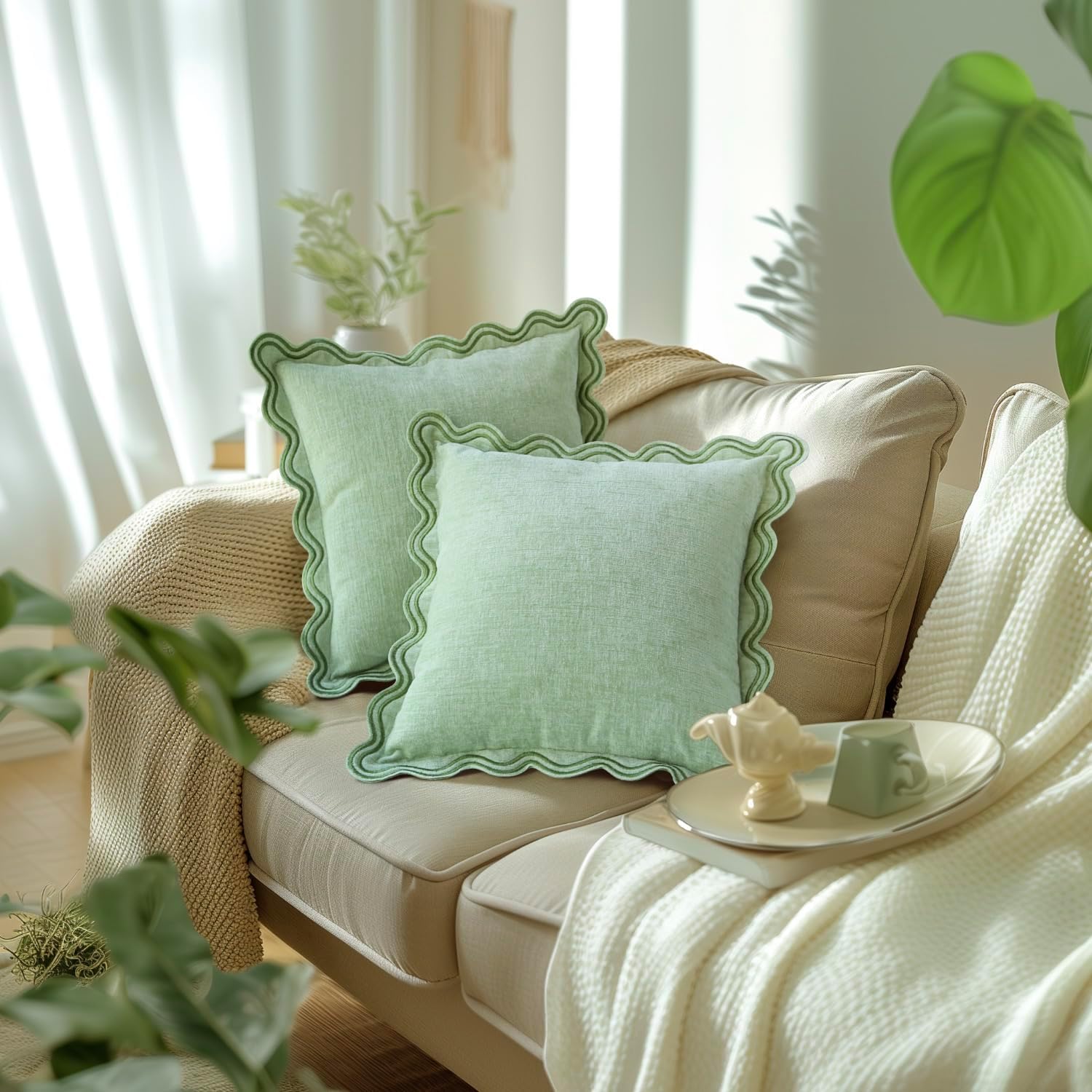 TINYSUN Green Decorative Scalloped Throw Pillow Covers Set of 2, Embroidered Scallop Wavy Design, Premium Chenille Cushion Spring Pillow Cover for Sofa Couch Living Room(Mint Green,18x18 Inch)