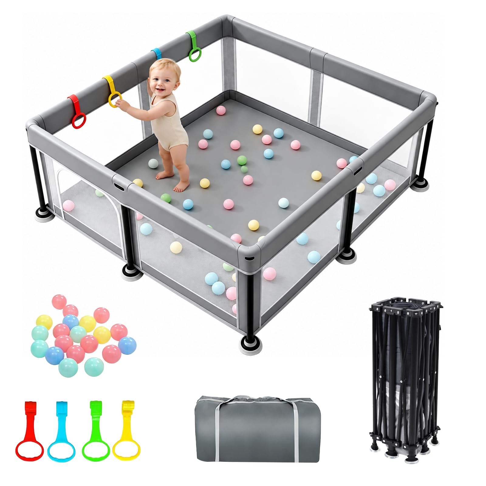 Laufstall Baby Faltbar Laufgitter Playpen, 125*125cm Faltbarer Kinder Play Pen Gitter mit Reißverschlusstür & Starker Saugnapf | Drinnen & Draußen Tragbares Babyzaunn | Quick 60s Pop up (Dunkelgrau）