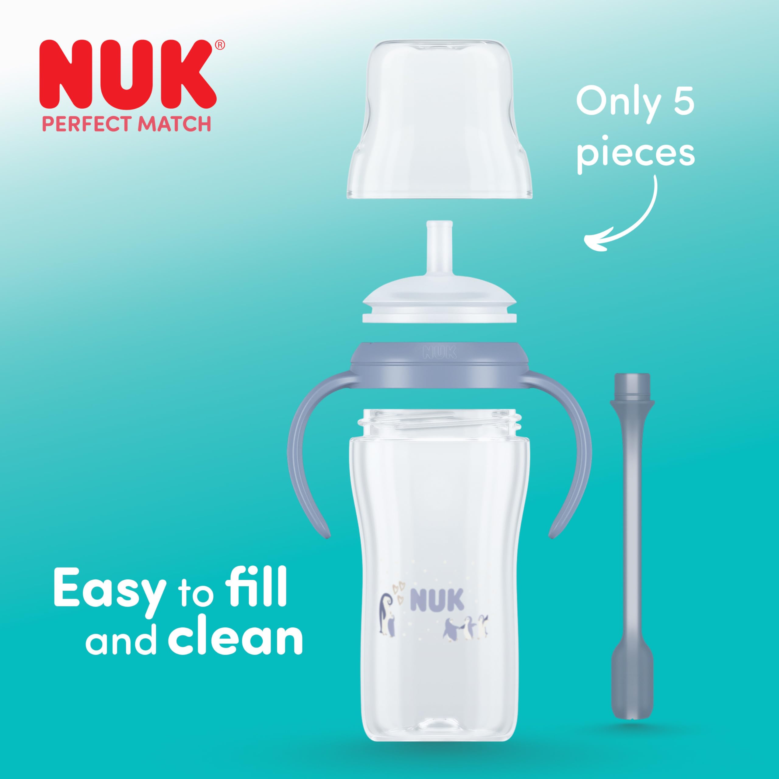 NUK Perfect Match Learner Butelki ze słomką | 6+ miesięcy | 260 ml | Nieprzeciekająca kubek ze słomką dla niemowląt | Antypoślizgowe uchwyty | Małpka i Pingwin | 2 sztuki