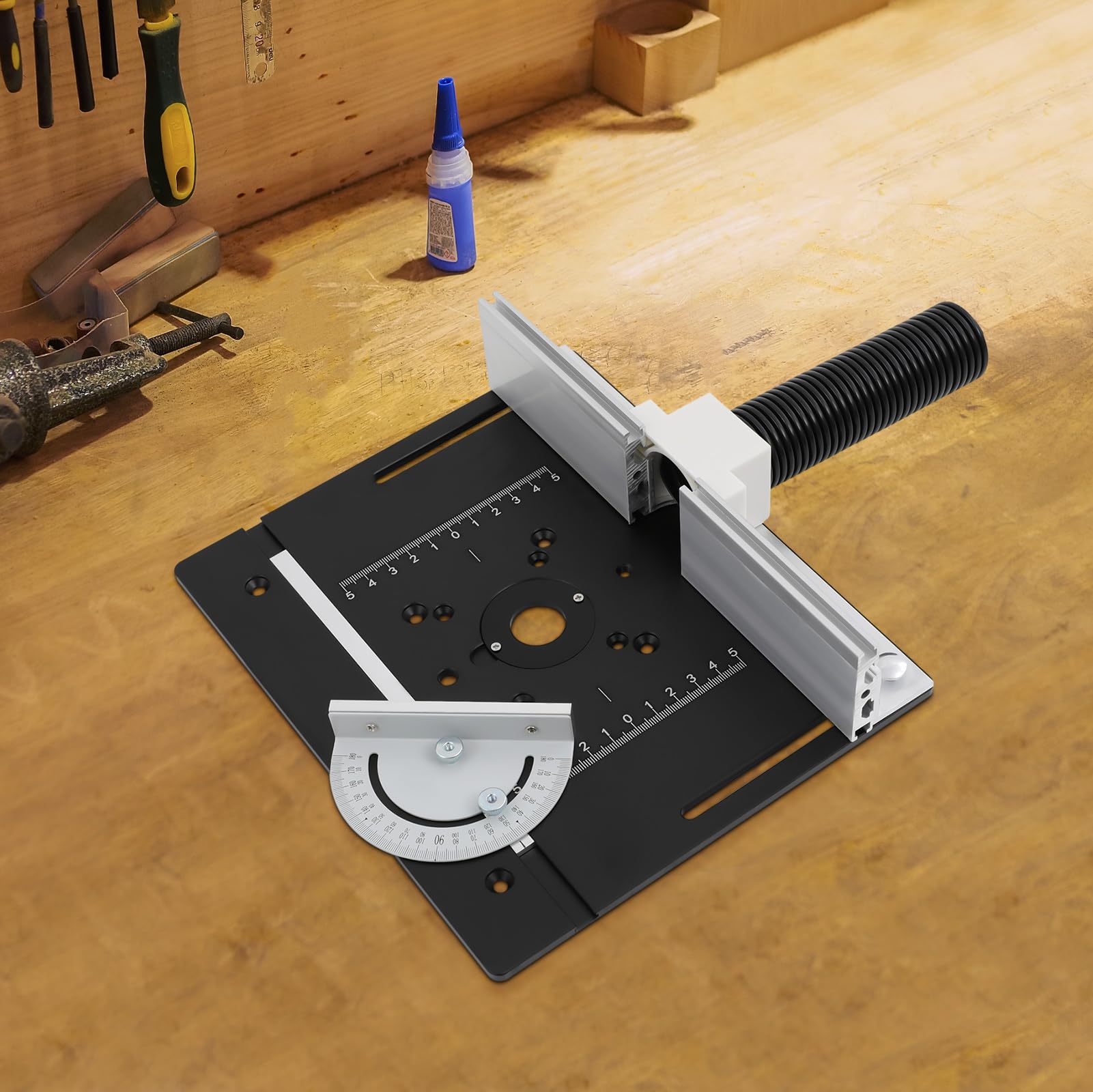 Frästisch Einlegeplatten Router Table Insert Plate Tischfräse Einlegeplatte für Oberfräsen Aluminiumlegierung mit Klarer Skala Gehrungslehre 180° Gedreht Werden 24 * 20cm Schwarz