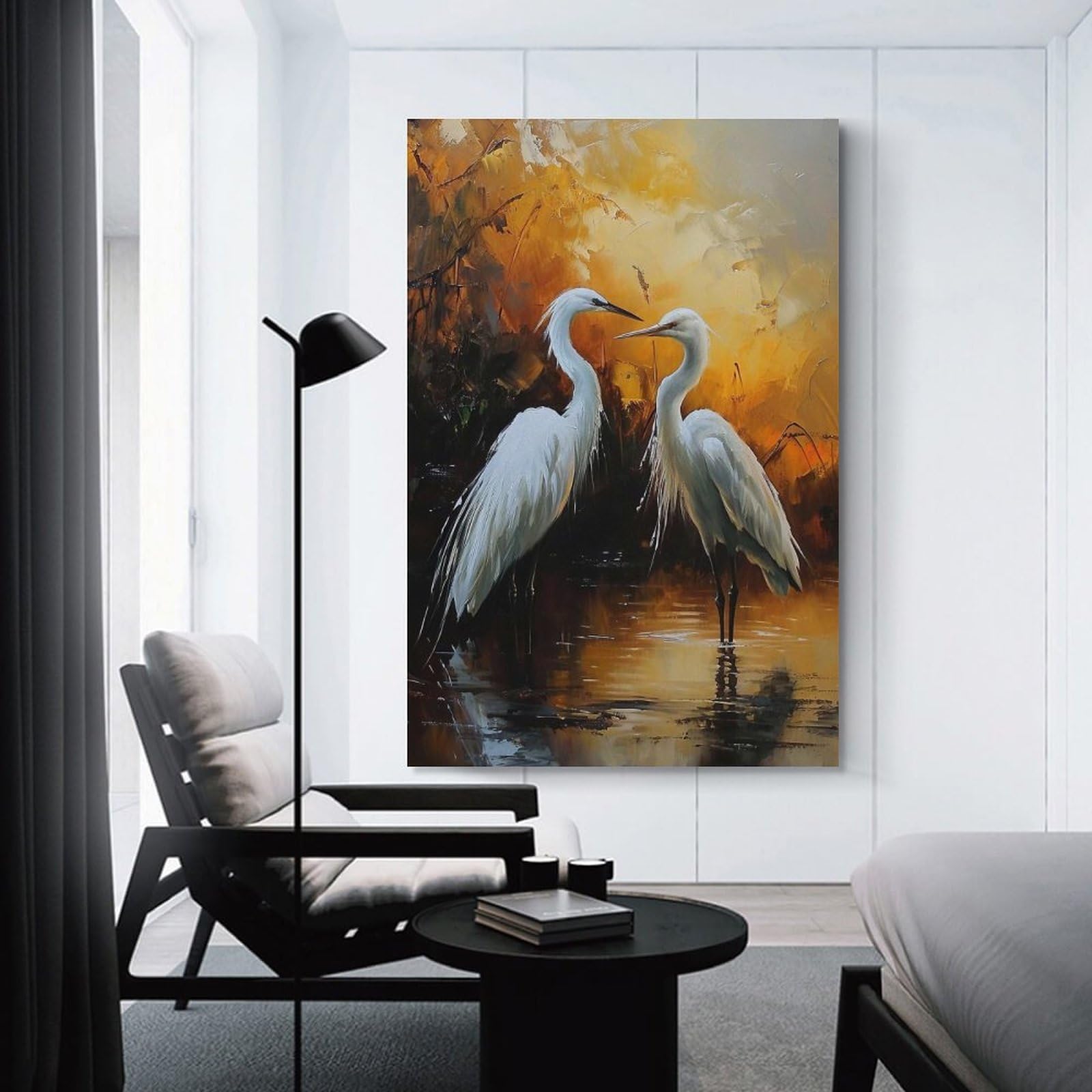 Junmoney Two Herons in Pond Canvas Art Print, 20x30inch(50x75cm), for Bedroom Decor, Cosy Corners Or Studios, A Warm Accent for Relaxed Interiors