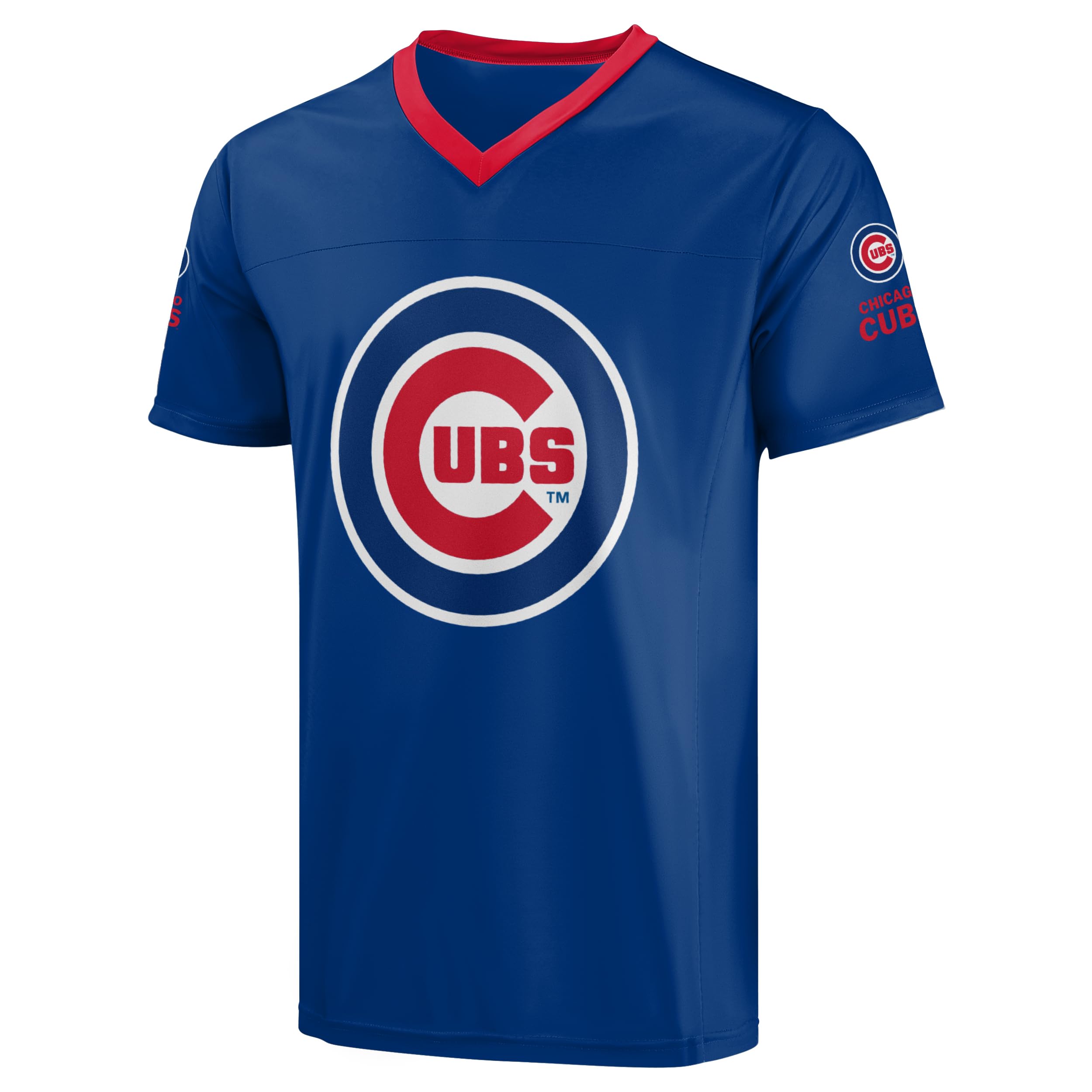 FOCO MLB Men's Officially Licensed Primary Logo Wordmark Ballpark Team Color Baseball Performance V-Neck Top, Chicago Cubs - Blue, S