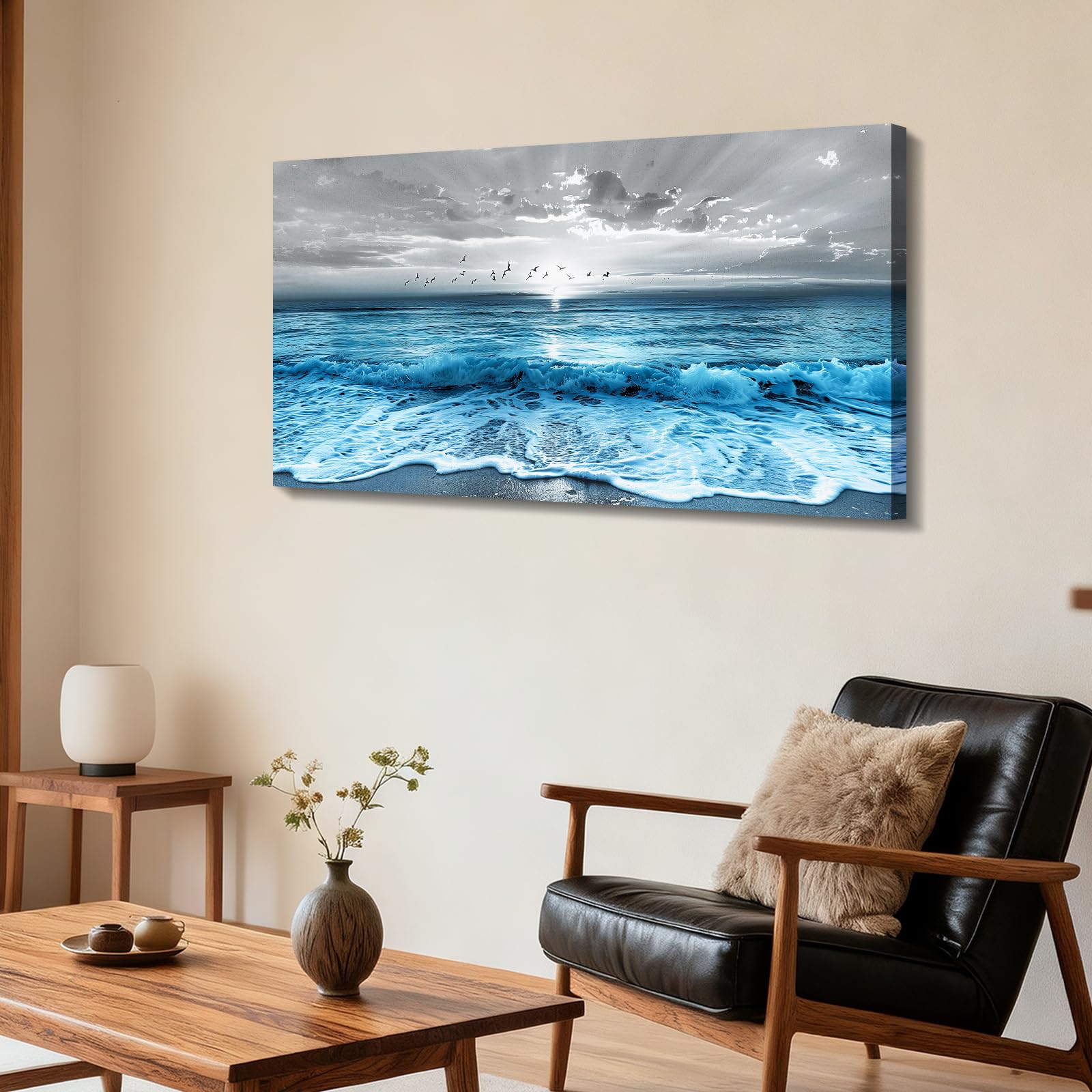 JHHUAMO Cuadros Decorativos Natural Mar para Salon Dormitorio 59x119 cm | Motivo Amanecer Marino con Olas, Motivo Exquisito, Impresión Alta Definición, Colgado Sencillo, Uso Polivalente