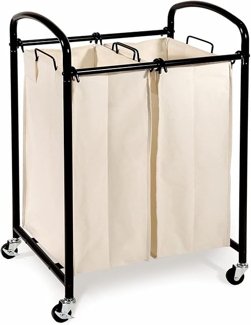 Seville Classics Mobile Double Bag Compact Laundry Hamper Sorter Cart, Silver