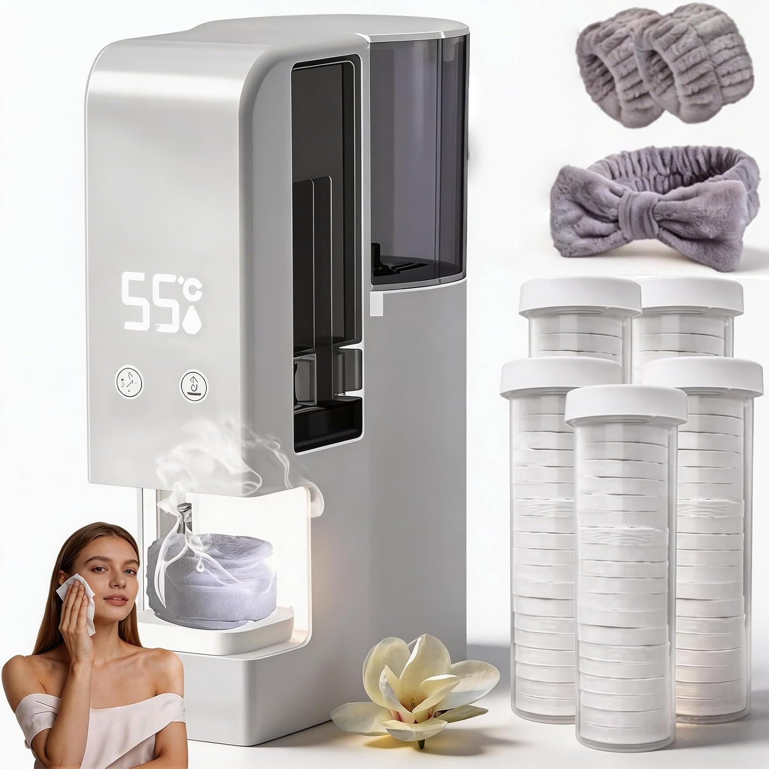 Hot Towel Dispenser - 5-Second Instant Warmth & 55°C (131°F) Constant Temp, Hot Face Towel Heater Machine, Portable Face Towel Steamer for Spa, Facial, Bathroom & Home (Dispenser+100pcs Towels)