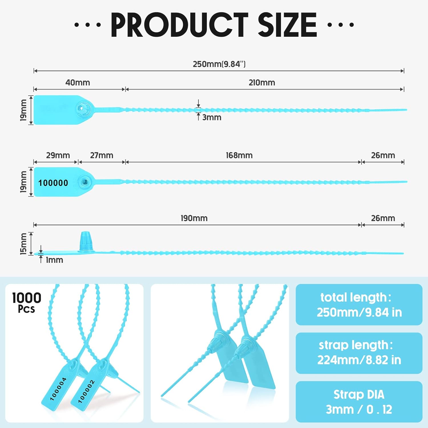1000 Pcs Plastic Tamper Seals Fire Extinguisher Tags Security Tags Seals Safety Numbered Zip Ties Labels Safety Disposable Self Locking Signage 250 mm Length (Light Blue) - Image 2
