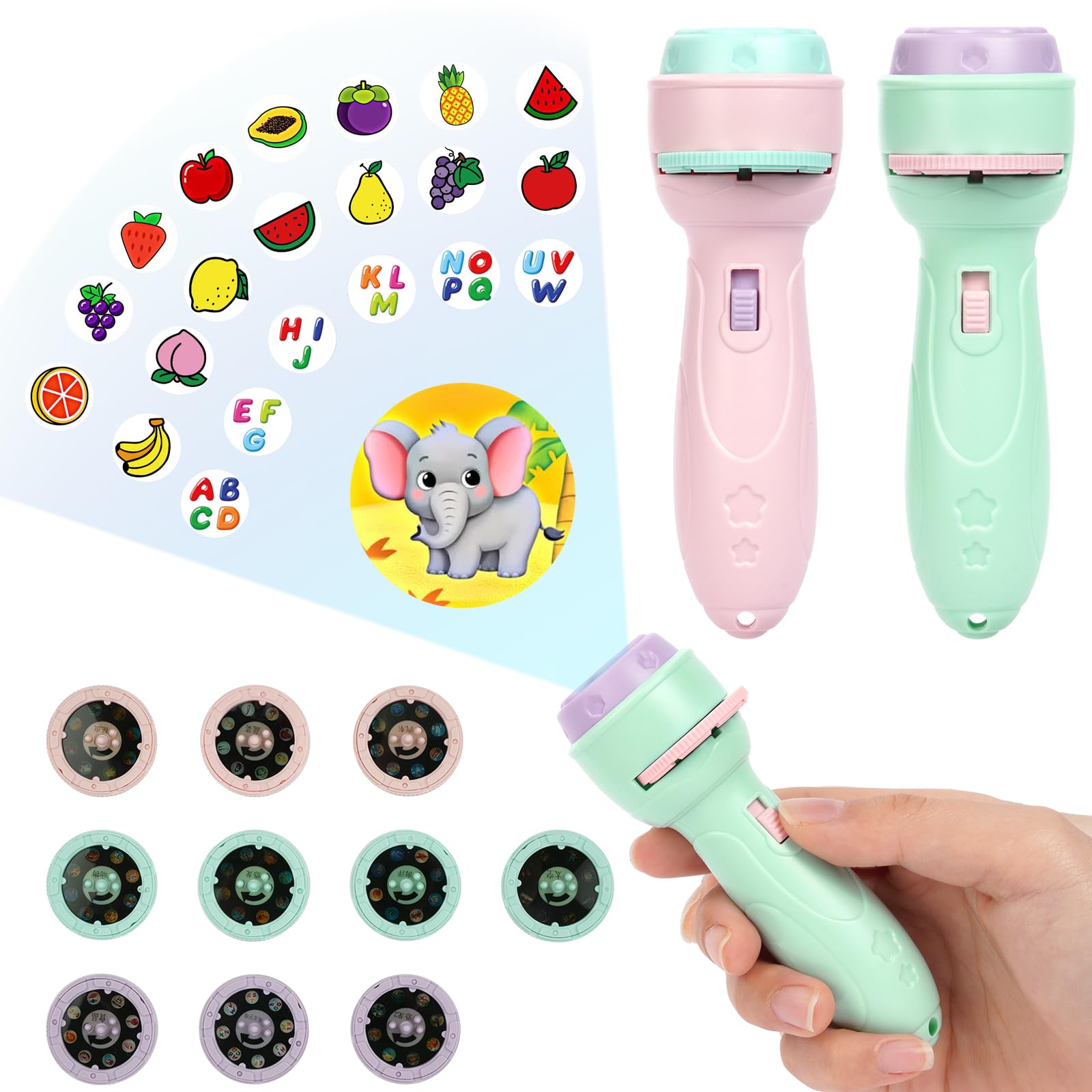HOTUT Torch and Projector, 2pcs Torch Light and Projector with 20 Discs160 Images, Children's Torches