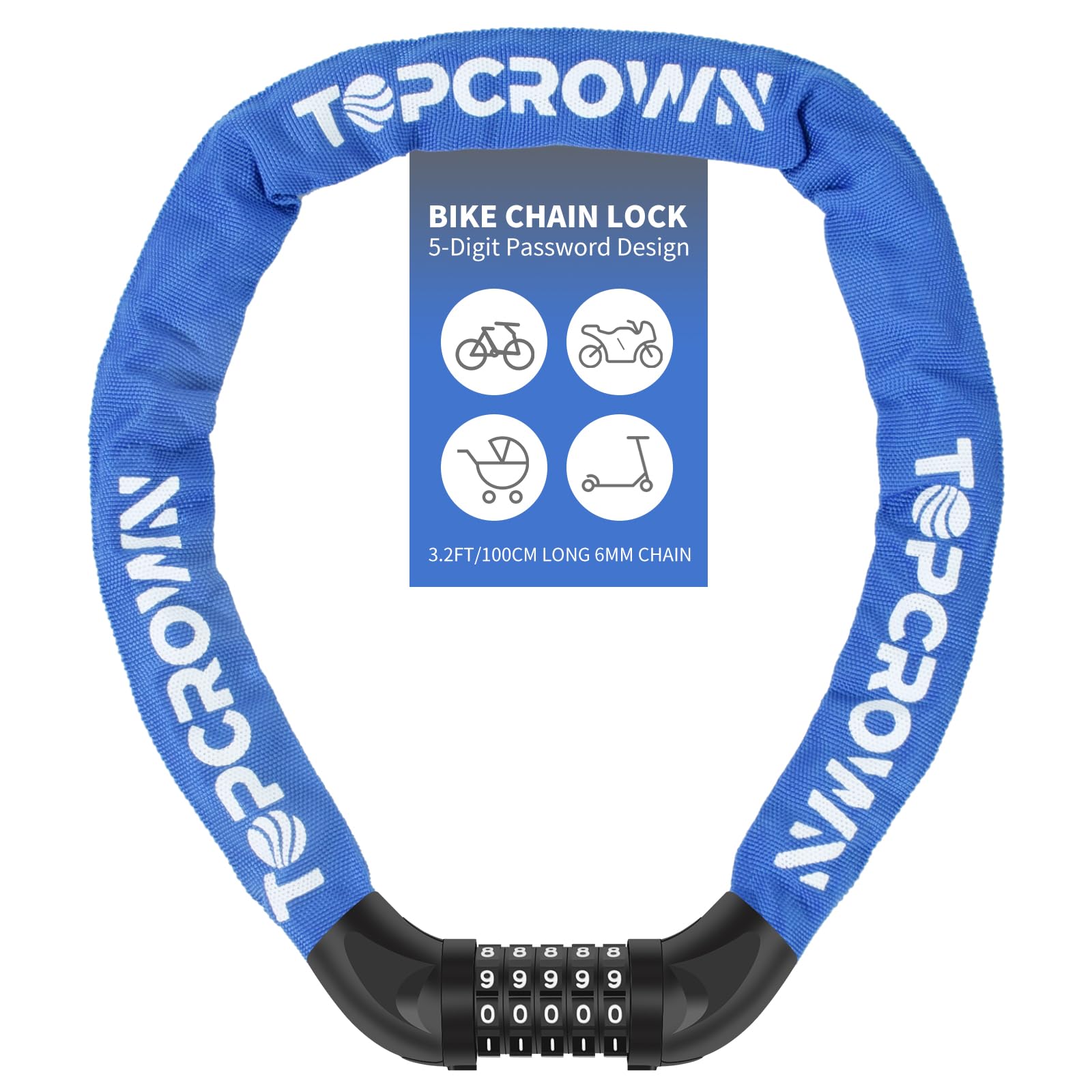 Bike Chain Lock 3.2Ft Long High Security Heavy Duty Anti Theft, 5 Digit Combination Resettable Keyless Bicycle Lock for Bike/Electric Scooter/Ebike/Motorcycle(Blue)