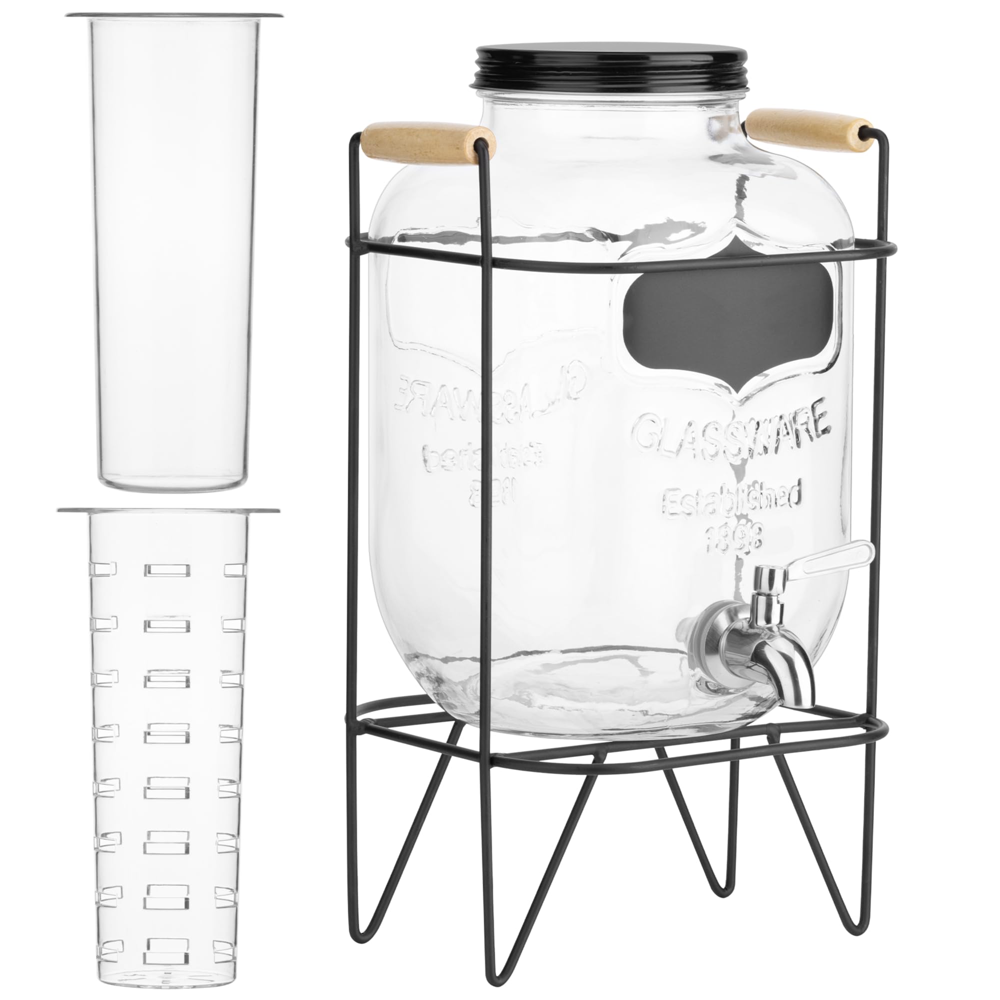 Dispenser per Bevande in Vetro 5 Litri Navaris - Distributore Acqua con Rubinetto e Supporto in Ferro