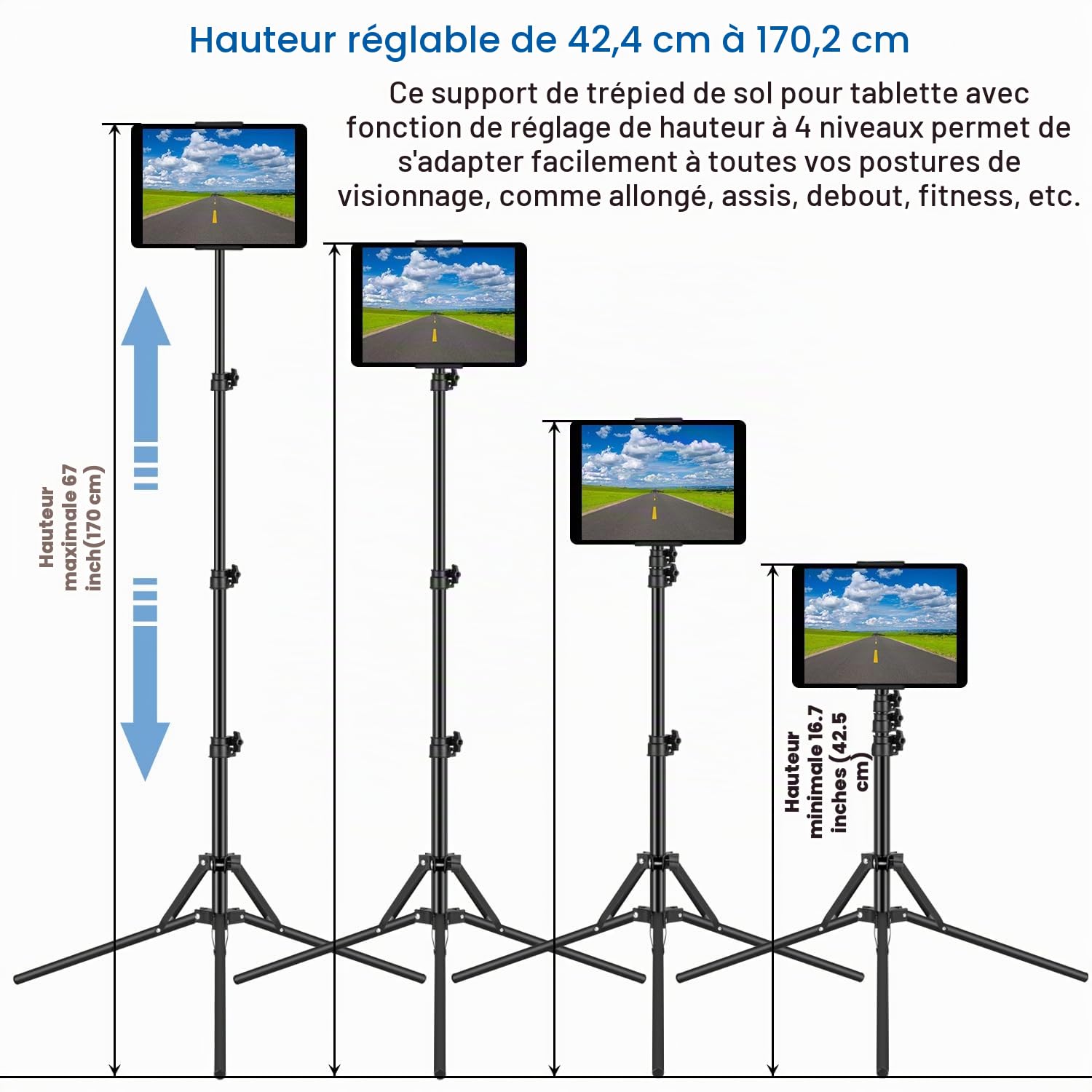 Support pour Tablette - Réglable en Hauteur jusqu'à 65" - Support pour Tablette - Trépied pour iPad Pro12.9, iPad Air Mini, Tablette, iPhone, Smartphone et Tablette de 4,5 à 13"