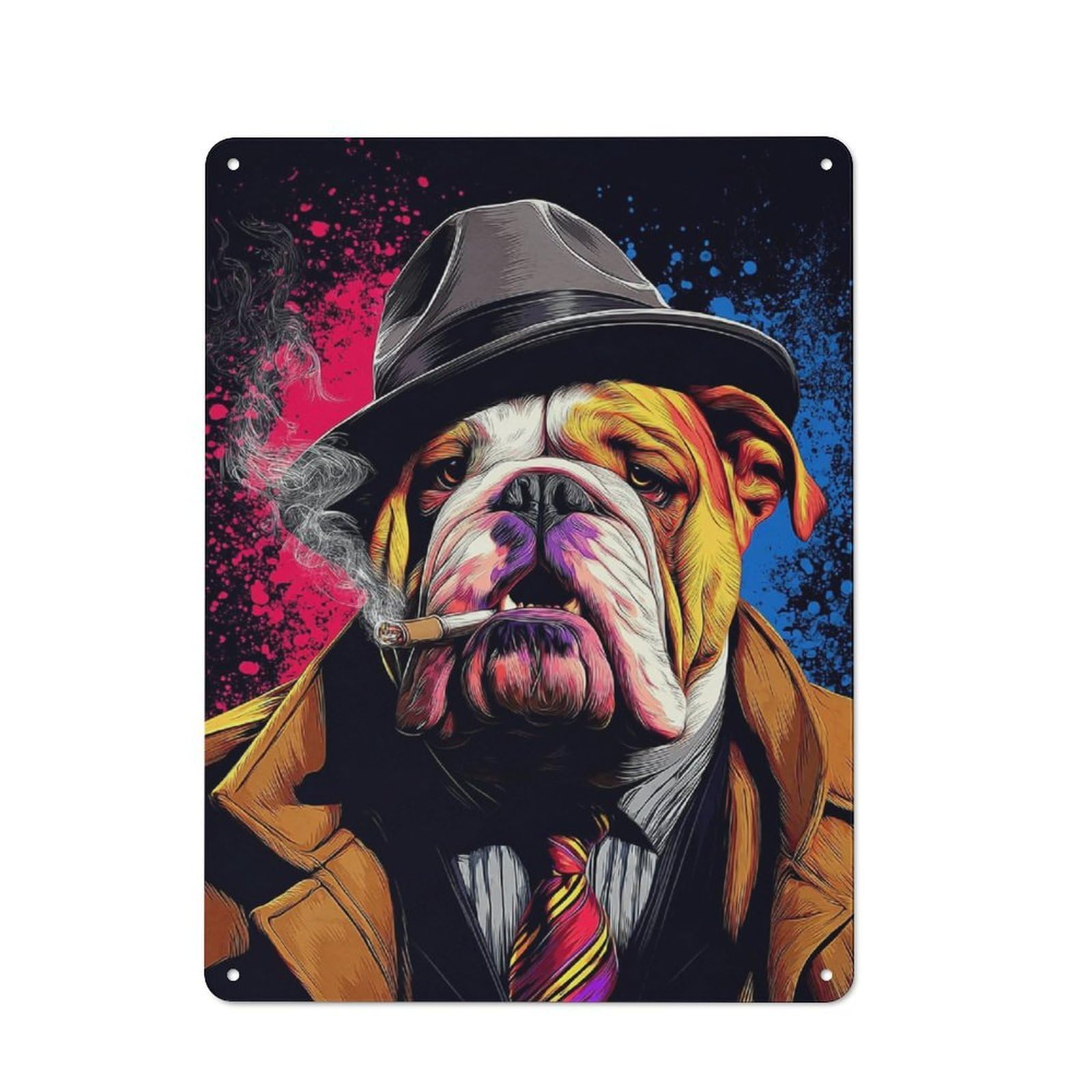 Junmoney Stylish Bulldog In Fedora And Suit Rustic Metal Wall Decor 40X30cm, Decorative Tin Sign For Farmhouse Kitchen, Pantry Or Dining Area