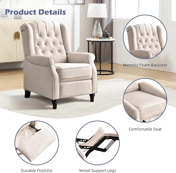 Sillón Reclinable Tapizado Beige Diamond Button-Tufted miniatura 3