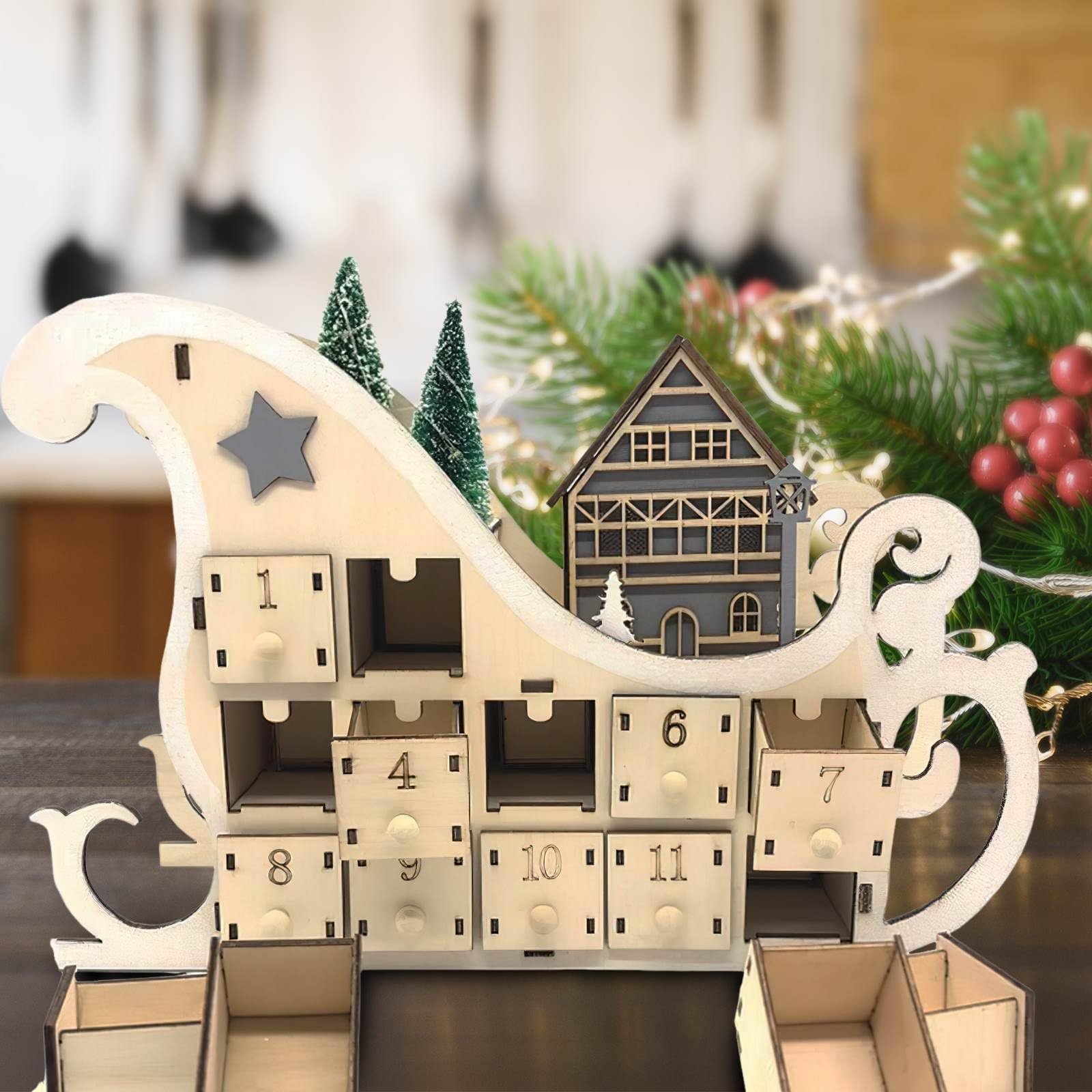 LED Beleuchteter Adventskalender Aus Holz - 24 Schubladen Mit Musik, Selbst Befüllbar (25x18,5x30cm)