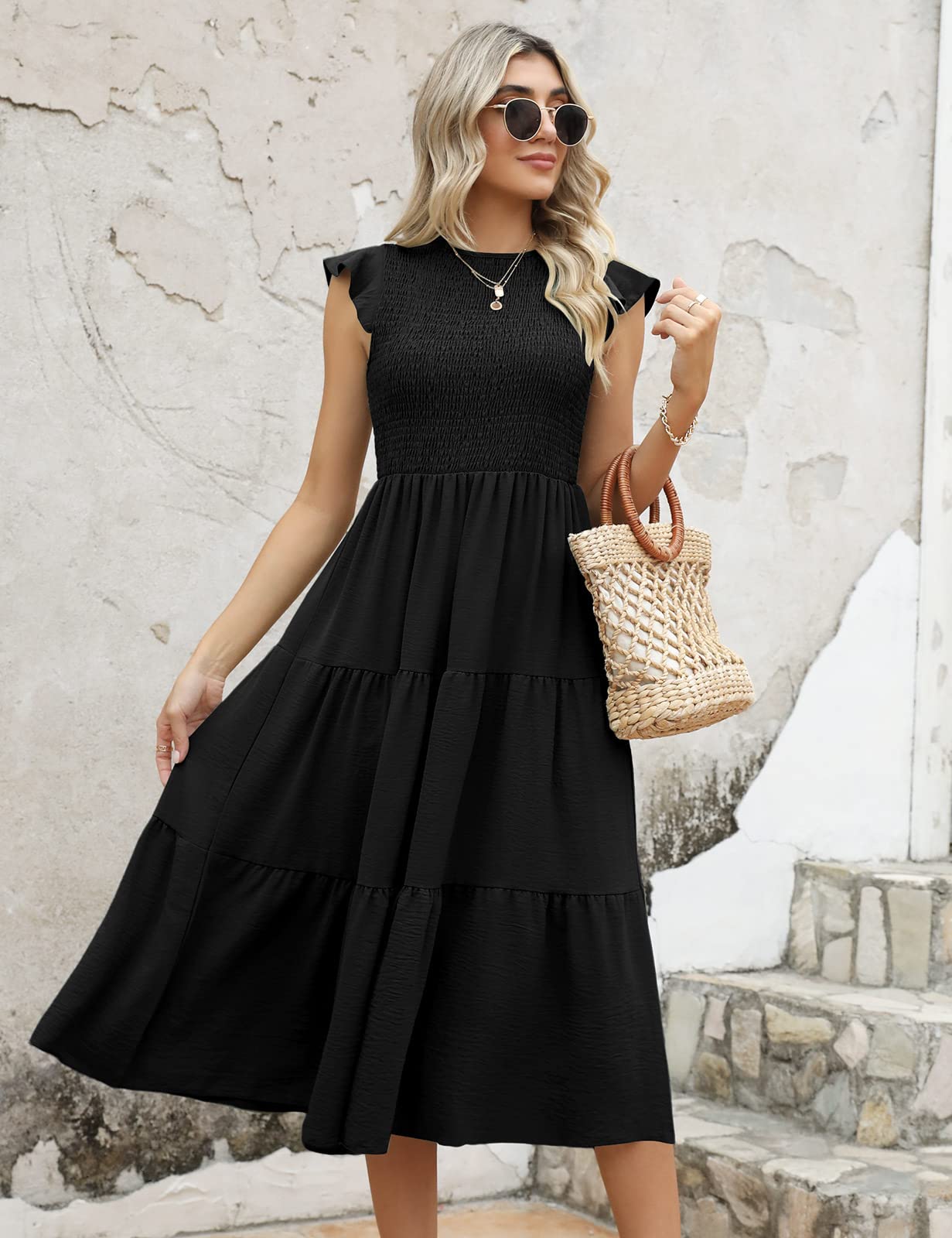Yuson Girl Vestito Estivo Lungo Donna - Abito Estivo Lungo Collo Rotondo Ragazza con Manica a Volant Vestiti Casuale Eleganti Colori Solidi Abiti Estivi Donna Lunghi