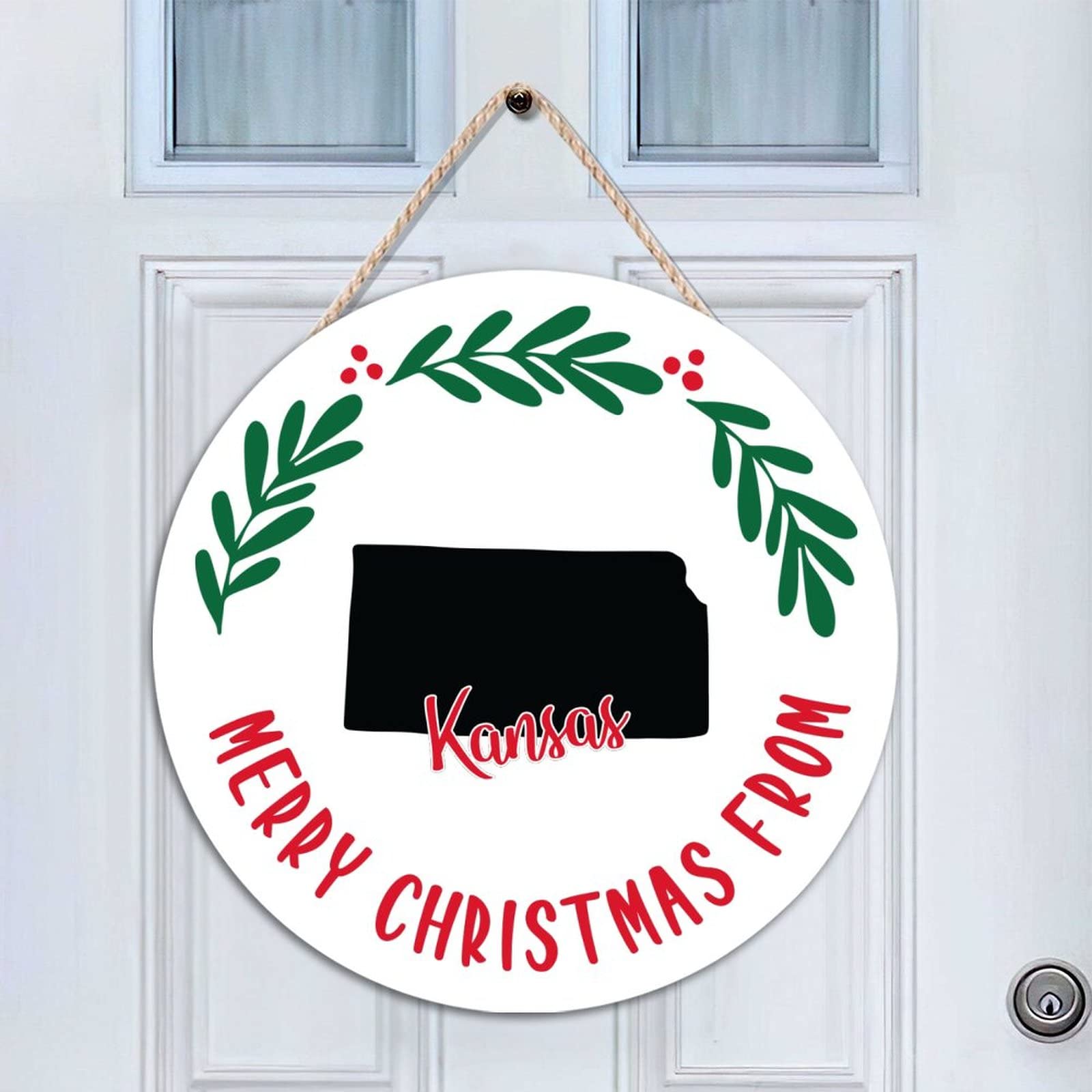 Panneau de porte Merry Christmas suspendu en bois rond décoration hiver 45cm