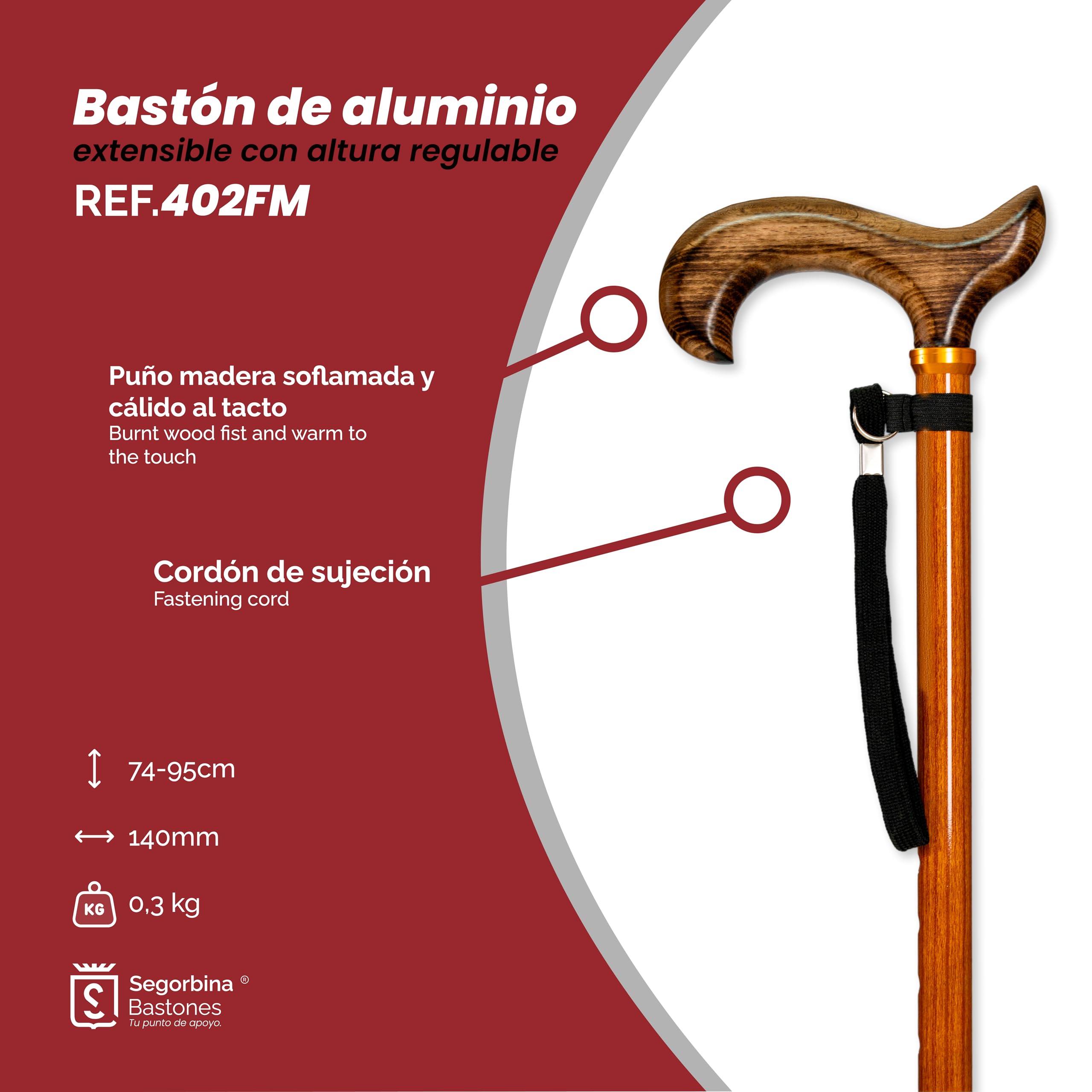 Bastón de Aluminio Extensible Regulable en Altura (74-95cm) con puño de Madera soflamado, contera Antideslizante y Acabado de Madera. Bastón muletilla para Apoyo y Ayuda a Caminar. (402FM)