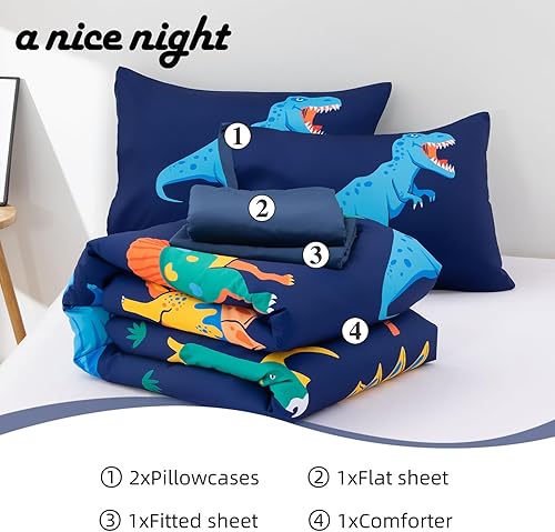 Miniatura 5 de A Nice Night - Juego de ropa de cama con estampado de dinosaurios en azul marino para niños, juego de edredón tamaño individual, ultrasuave con