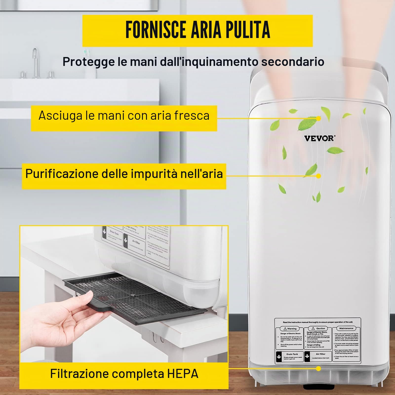 VEVOR Asciugamani Elettrico 2000W Verticale, Asciugamani Automatico Elettrico con Filtrazione HEPA, Asciugamani ad Aria Calda a Temperatura 43℃ per Asciugare le Mani Velocemente, Bianco