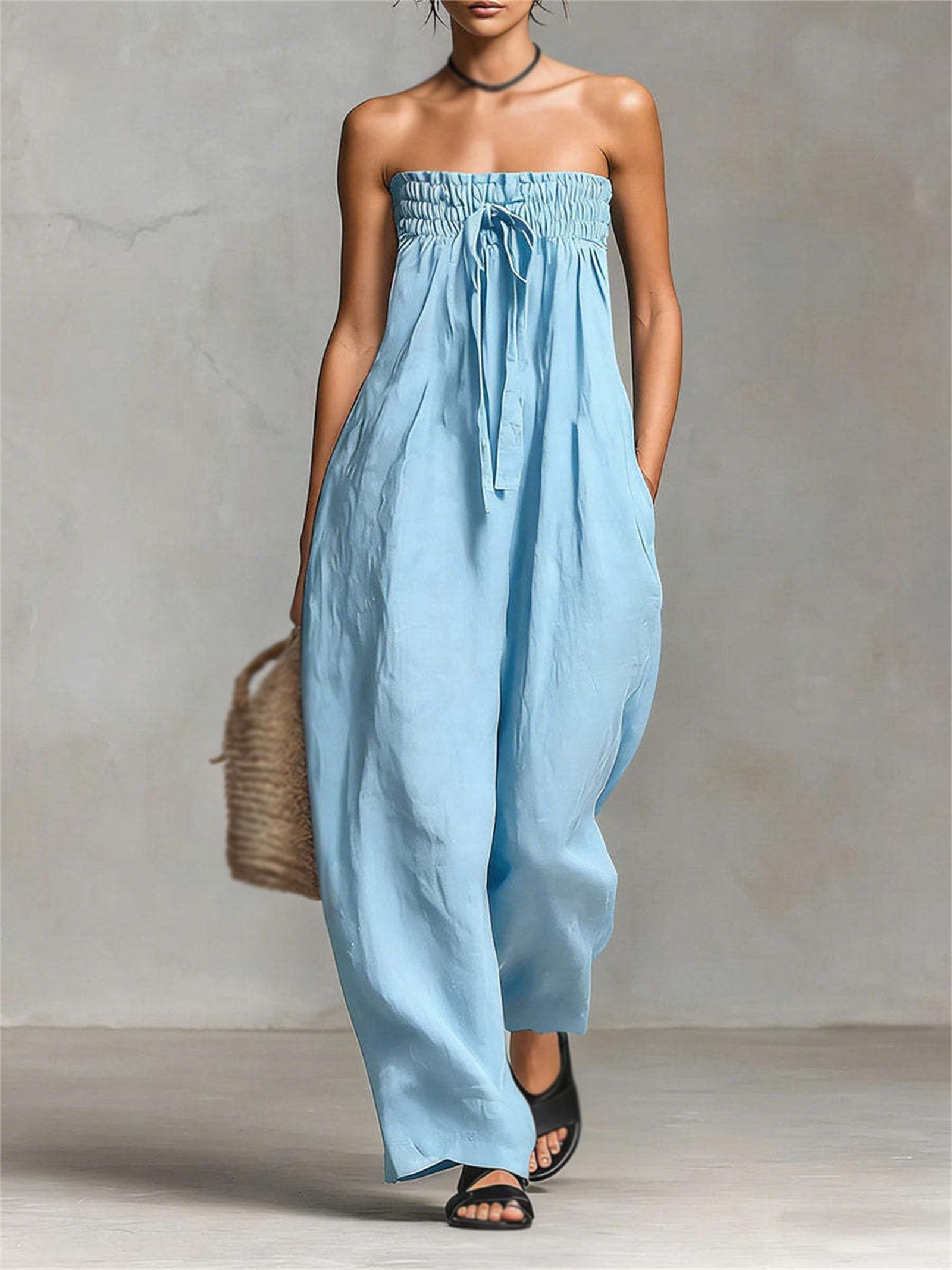 Damen-Jumpsuits ohne Träger, sommerliche, lässige Jumpsuits mit gerafftem Bandeau-Top, weitem Bein und Taschen