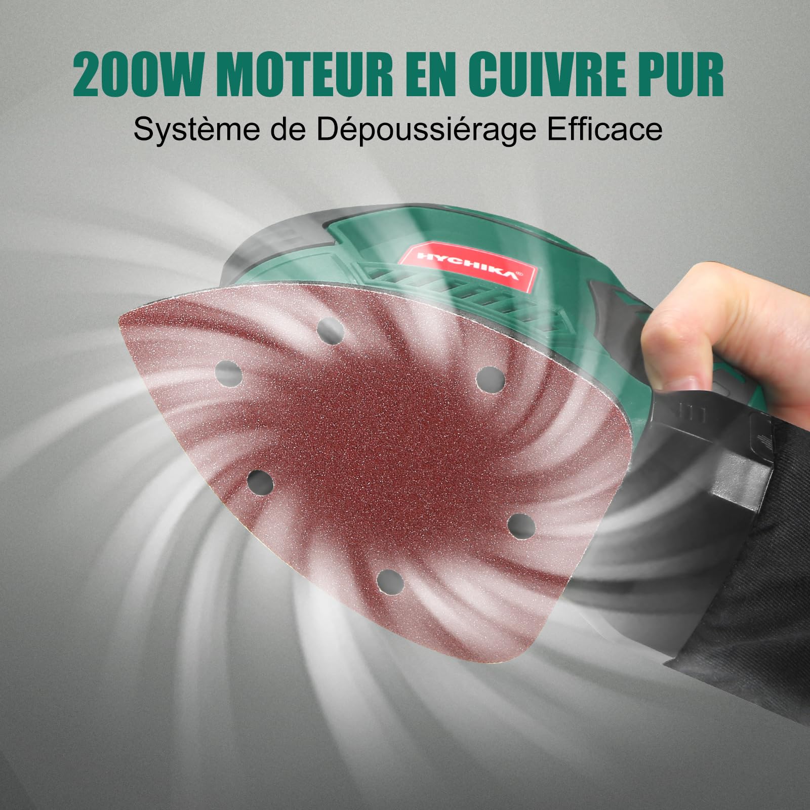 HYCHIKA Ponceuse Bois, 200W 14000RPM Ponceuse Electrique avec 12pcs Papier de Verre& Collecte de Poussière, Idéale pour Angles et Bords, Métal et Bois