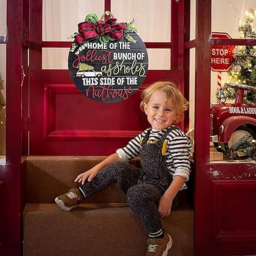 Miniatura 3 de Coronas de Navidad para puerta delantera, letrero colgante de madera de bienvenida de Navidad, cartel de bienvenida de madera, Jolliest Bunch of