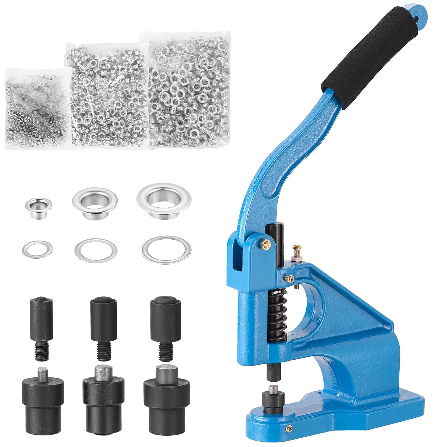 MAOPINER Hand Press Heavy Duty Eyelet Grommet Machine Kit with 3 Interchangeable Dies (1/4", 3/8", 1/2") and 1500 Grommets for Craft, Banner, Clothing, Curtain