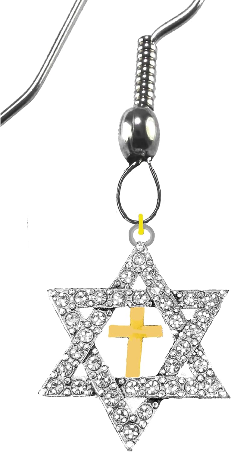 Yeshua Messianic Sparkling Genuine Austrian Cut Crystal Star Of David With Gold Cross Earrings