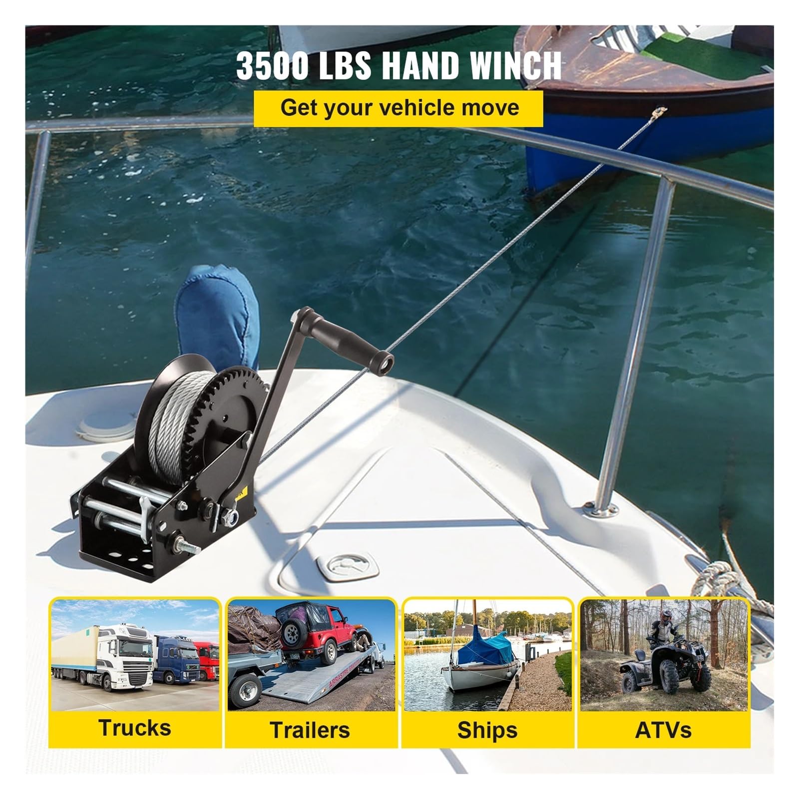 wciągarka ręczna, Heavy Duty Hand, Wciągarka ręczna 2-biegowa dwukierunkowa zapadkowa 3500 funtów 6 mm x 10 m stalowa lina i hak czarny