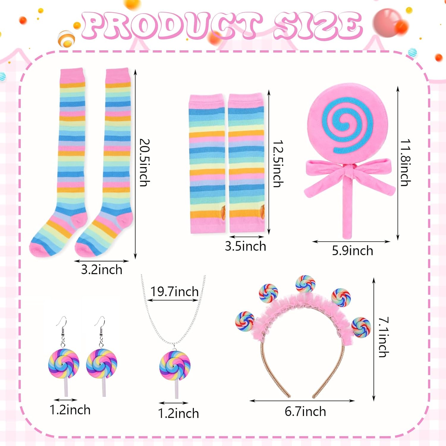 Galentine's Day Candyland Costume Accessories Headband Sweet Rainbow Necklace Lollipop Earrings Jombo Handheld Candy Gloves Tights for Candy Theme Cosplay Accessories - Image 2