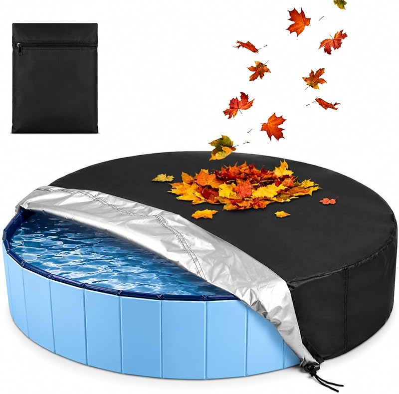 Cubierta redonda plegable para pileta para perros, accesorio portátil para niños - Negro, 63 pulgadas | PVC Oxford, 210D impermeable, cordón, costuras resistentes al viento, fácil instalación, bloquea escombros, bolsa de almacenamiento plegable para piscinas