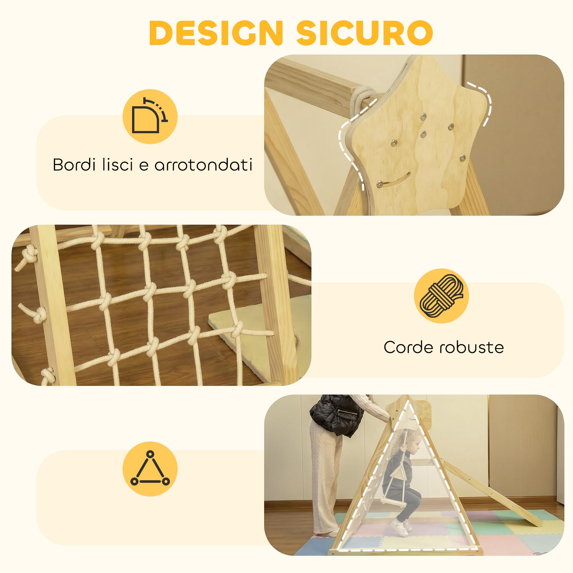 AIYAPLAY Tobogán Infantil 5 en 1, Estructura de Escalada de Madera con Tobogán, Columpio, Aro de Baloncesto, Tabla, Red de Escalada, Parque Plegable para Niños de 3-6 Años, Interior, Exterior, Natural