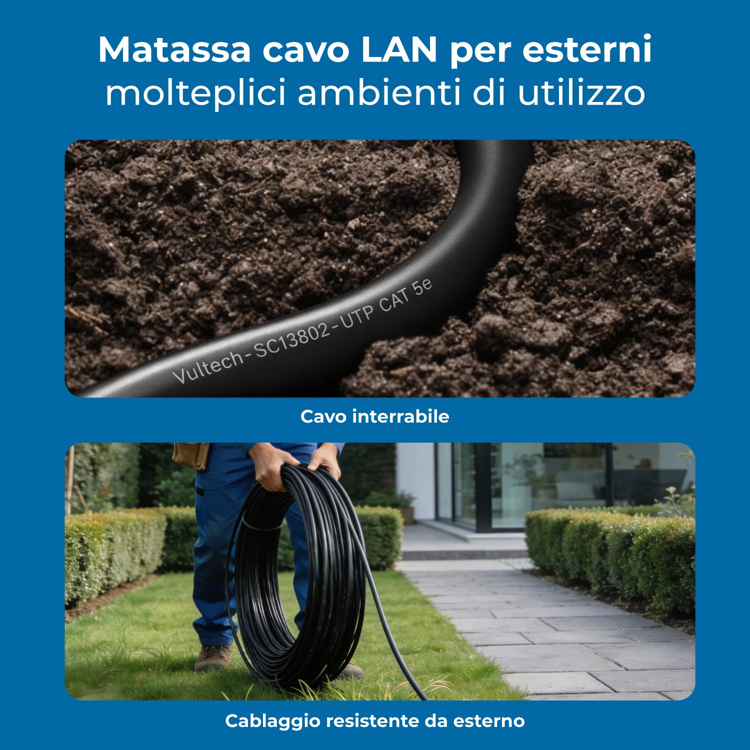 VulTech SC13802-305 Bobina Bobina Lan Cat 5e UTP 305 metros 24AWG para exterior doble vaina PE+LSZH Ethernet cable red instalaciones alta velocidad 1Gbps protección contra rayos UV/agua 100Ohm, 100Mhz