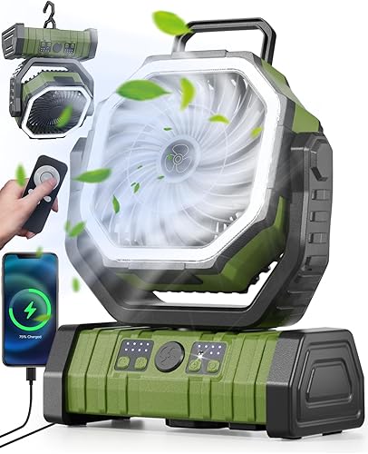 Miniatura 1 de Ventilador de camping portátil de 20000 mAh con luz LED, ventilador oscilante alimentado por batería recargable con control remoto y gancho,