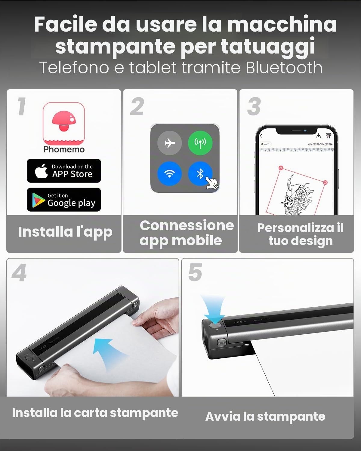 Phomemo Stampante Stencil Tattoo, TP88 Stampante Termica Tattoo Portatile, A4 Stampante Tattoo Printer, Stampante per Tatuaggi Bluetooth per Smartphone e PC con 10pcs Tattoo Transfer Paper