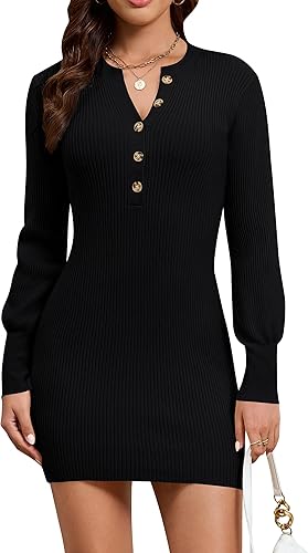 Blooming Jelly Womens Sweater Dress Mini V Neck Winter Black Dresses Puff Sleeve