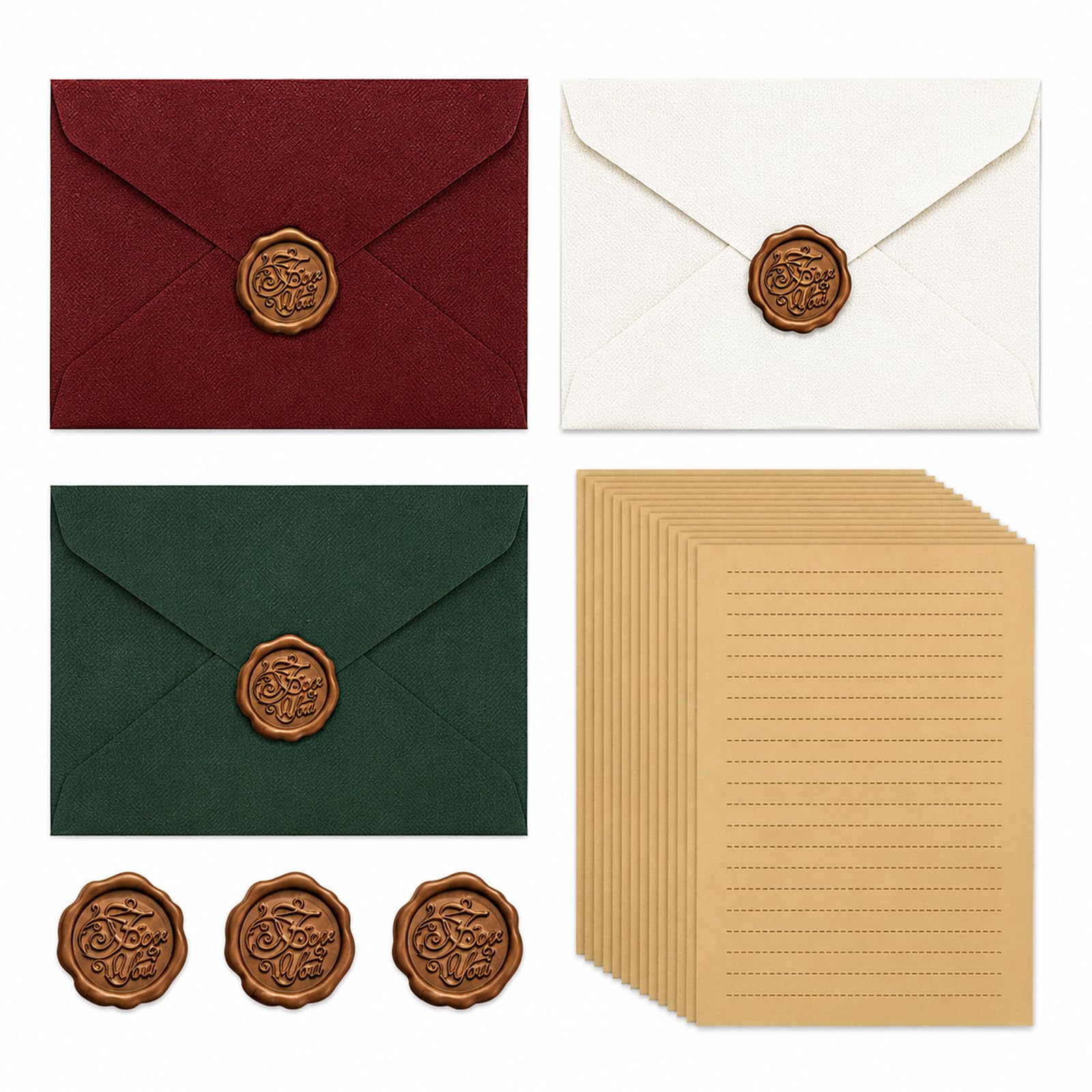3 PCS Envelope for Letters Set with 10 Lined Writing Papers and 3 Wax Seal Stickers, Fabric Envelopes for Love Letters, Wedding Invitations, Business Correspondence and Keepsakes-image-20