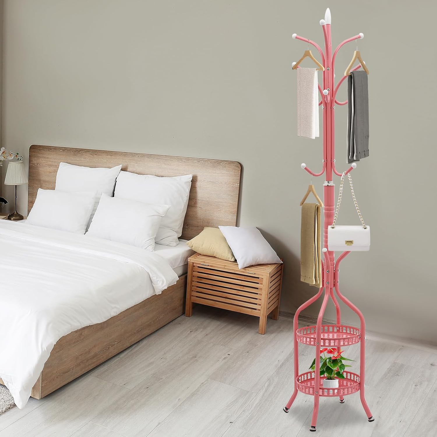 Metal Coat Rack, 12 Hooks 2 Baskets Sturdy Pink Design image 5